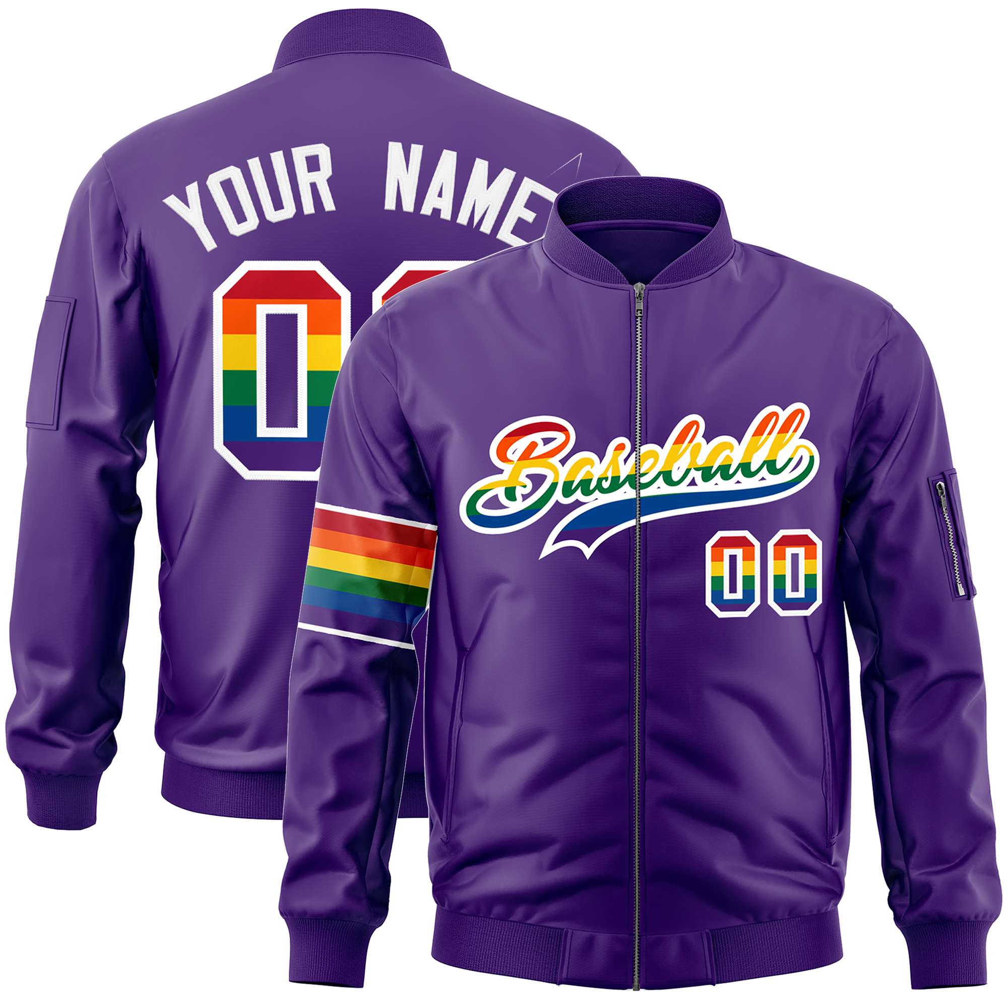 Custom Purple LGBT Rainbow For Pride Month Classic Style Letterman Bomber Jacket