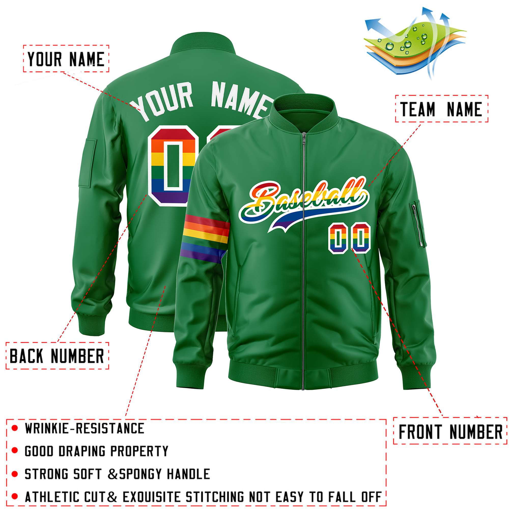 Custom Kelly Green LGBT Rainbow For Pride Month Classic Style Letterman Bomber Jacket