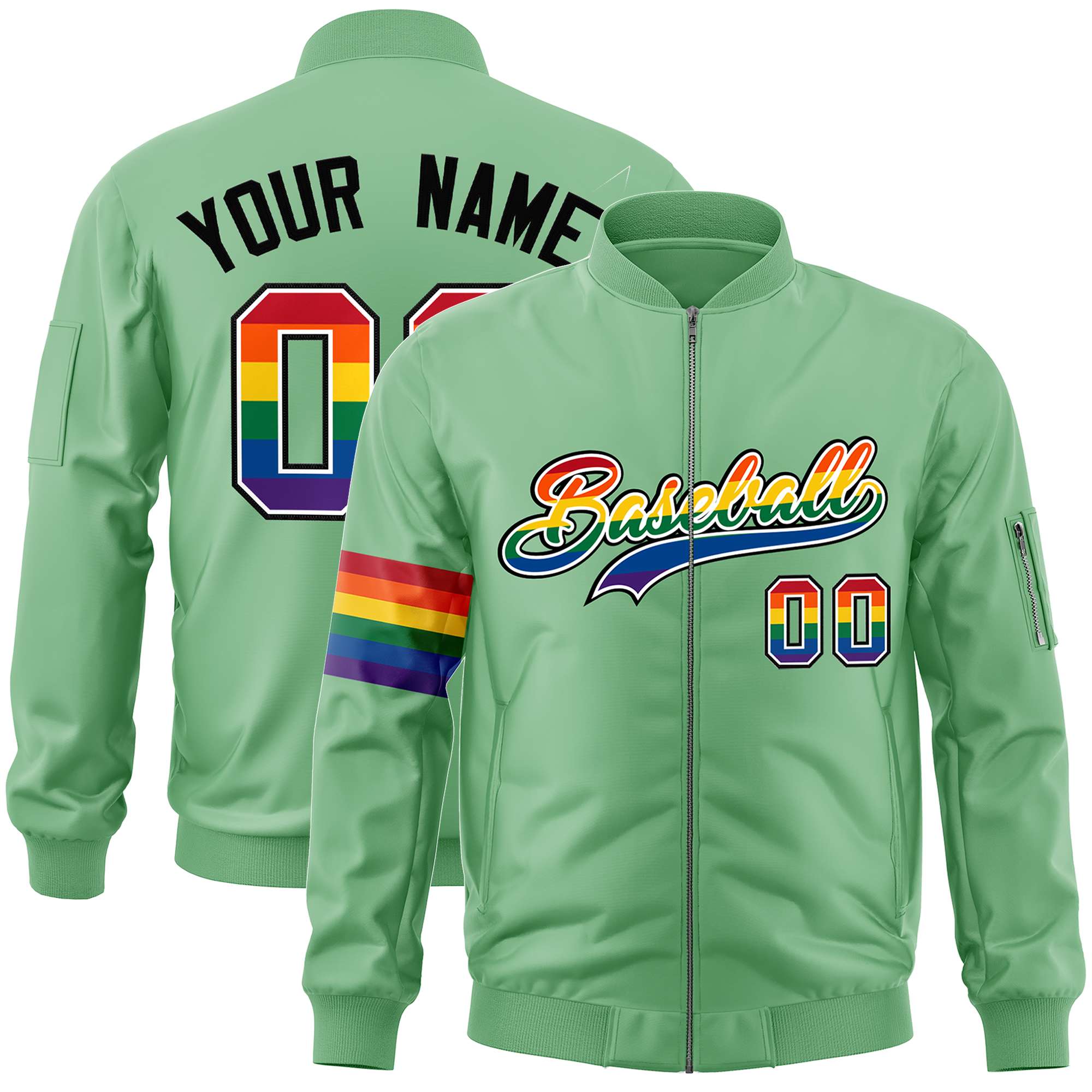 Custom Light Green LGBT Rainbow For Pride Month Classic Style Letterman Bomber Jacket