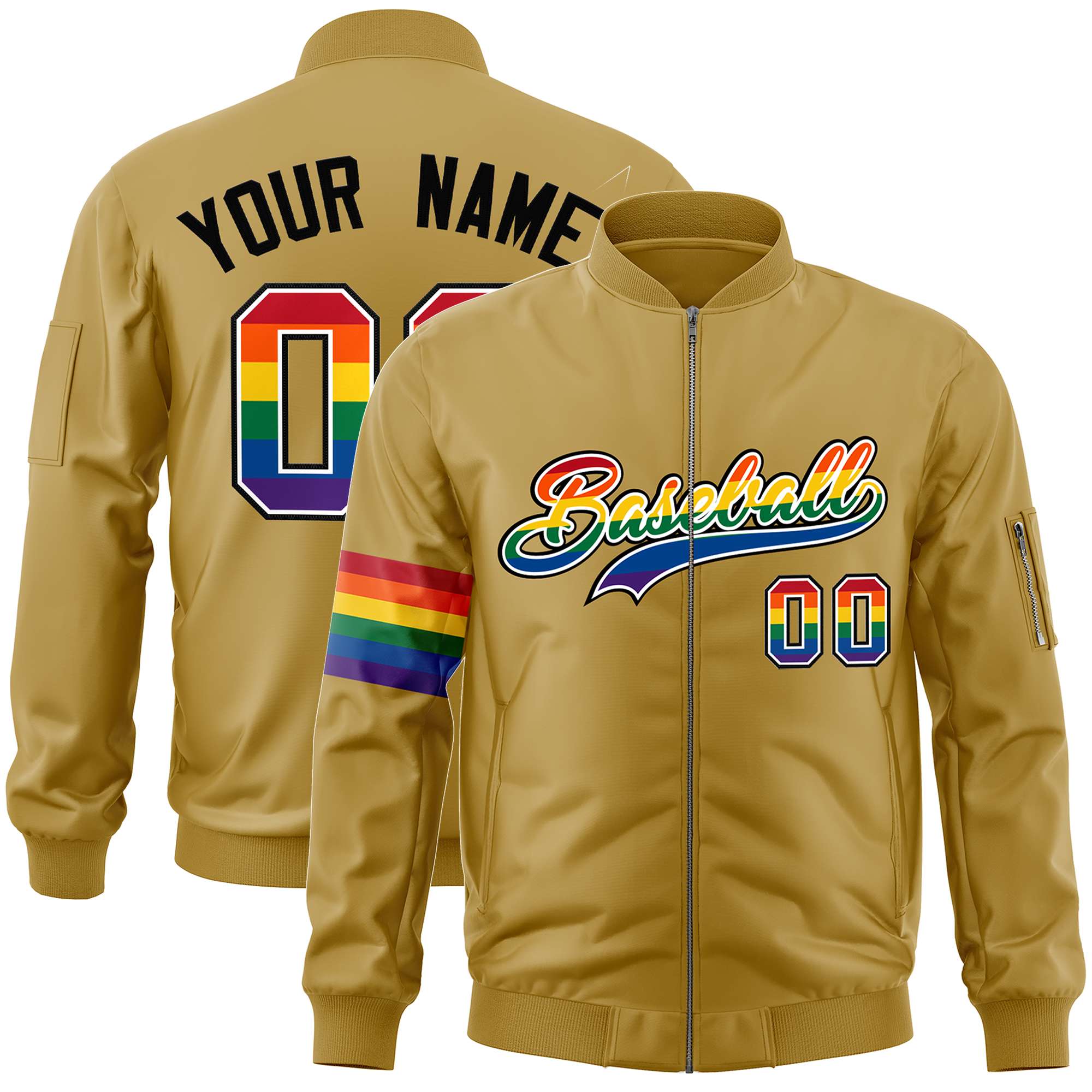 Custom Old Gold LGBT Rainbow For Pride Month Classic Style Letterman Bomber Jacket