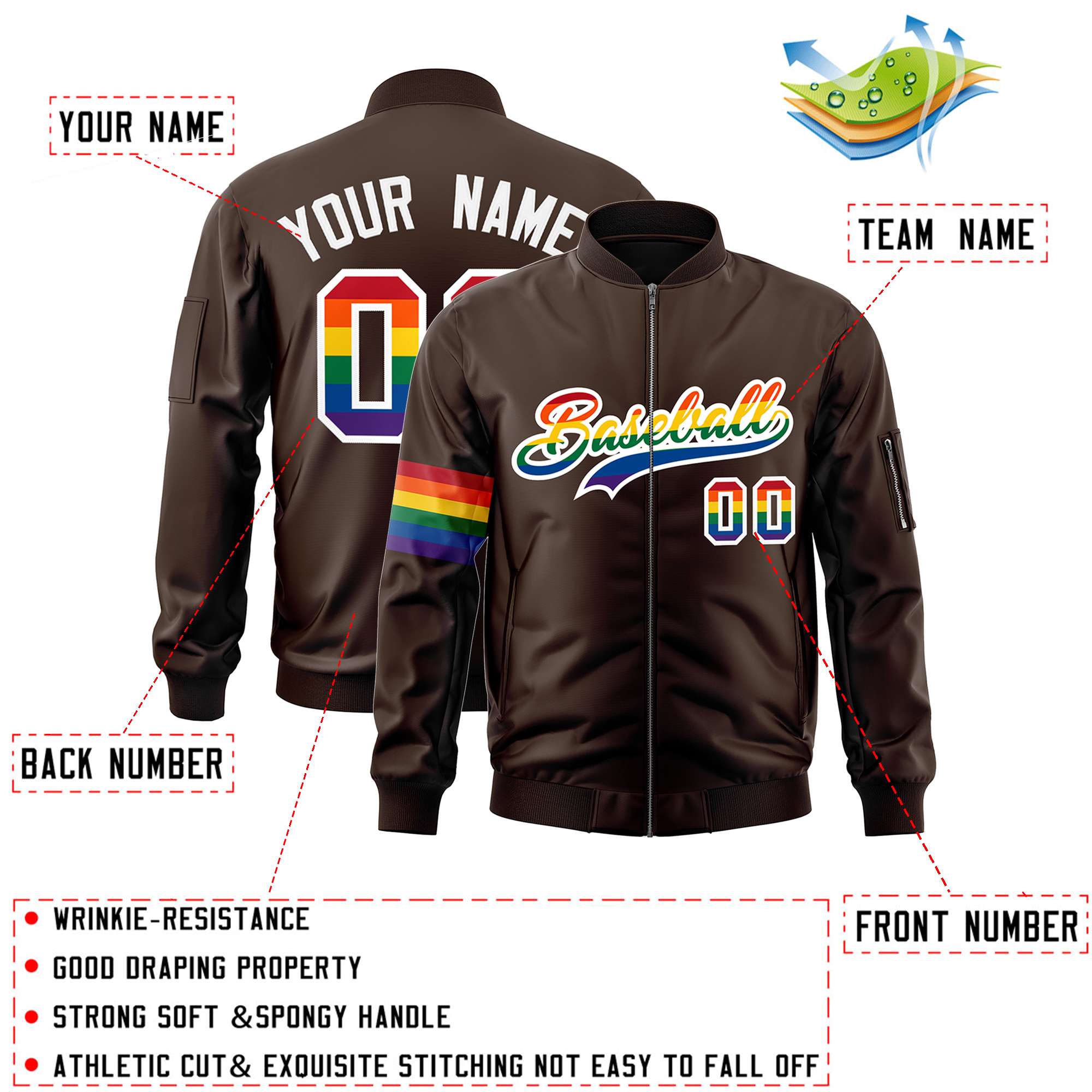 Custom Brown LGBT Rainbow For Pride Month Classic Style Letterman Bomber Jacket