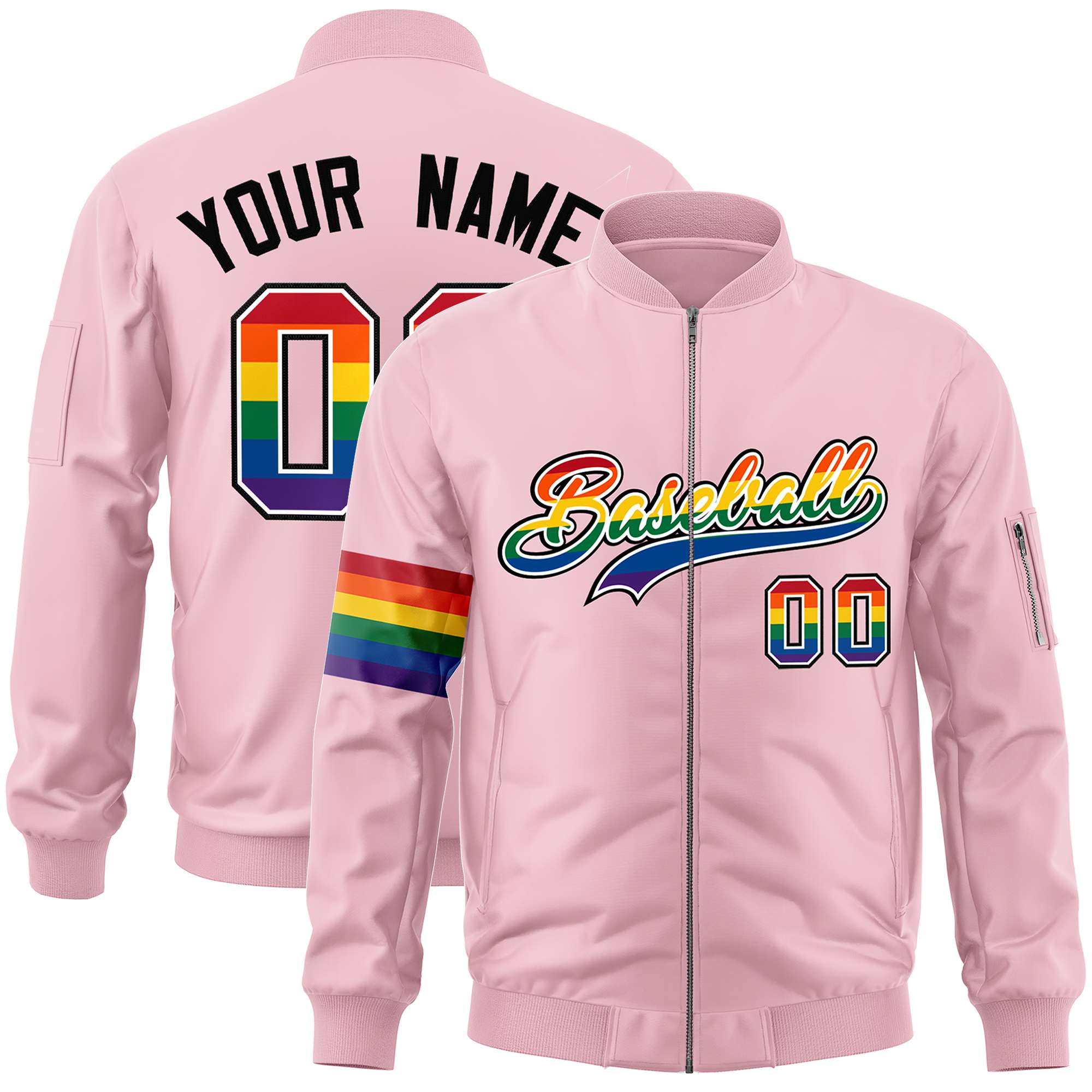 Custom Light Pink LGBT Rainbow For Pride Month Classic Style Letterman Bomber Jacket