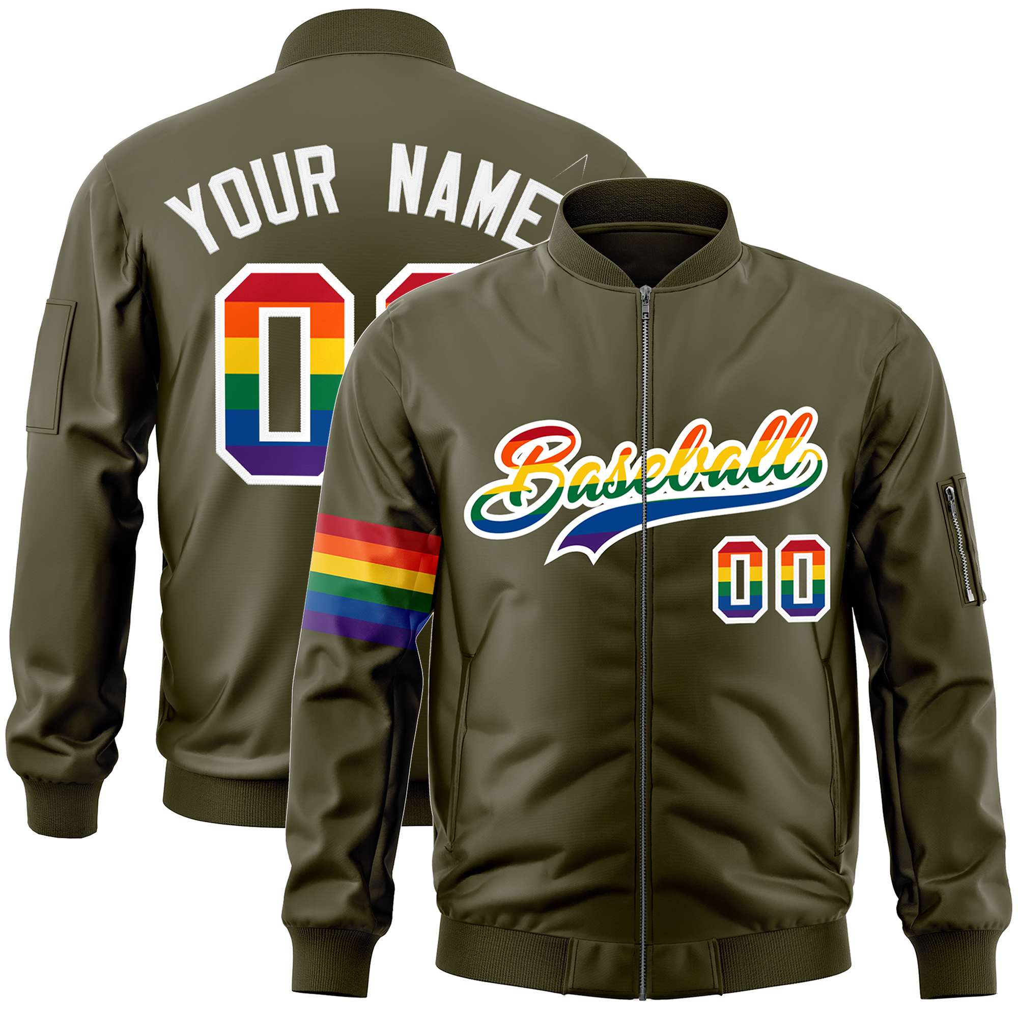 Custom Olive LGBT Rainbow For Pride Month Classic Style Letterman Bomber Jacket