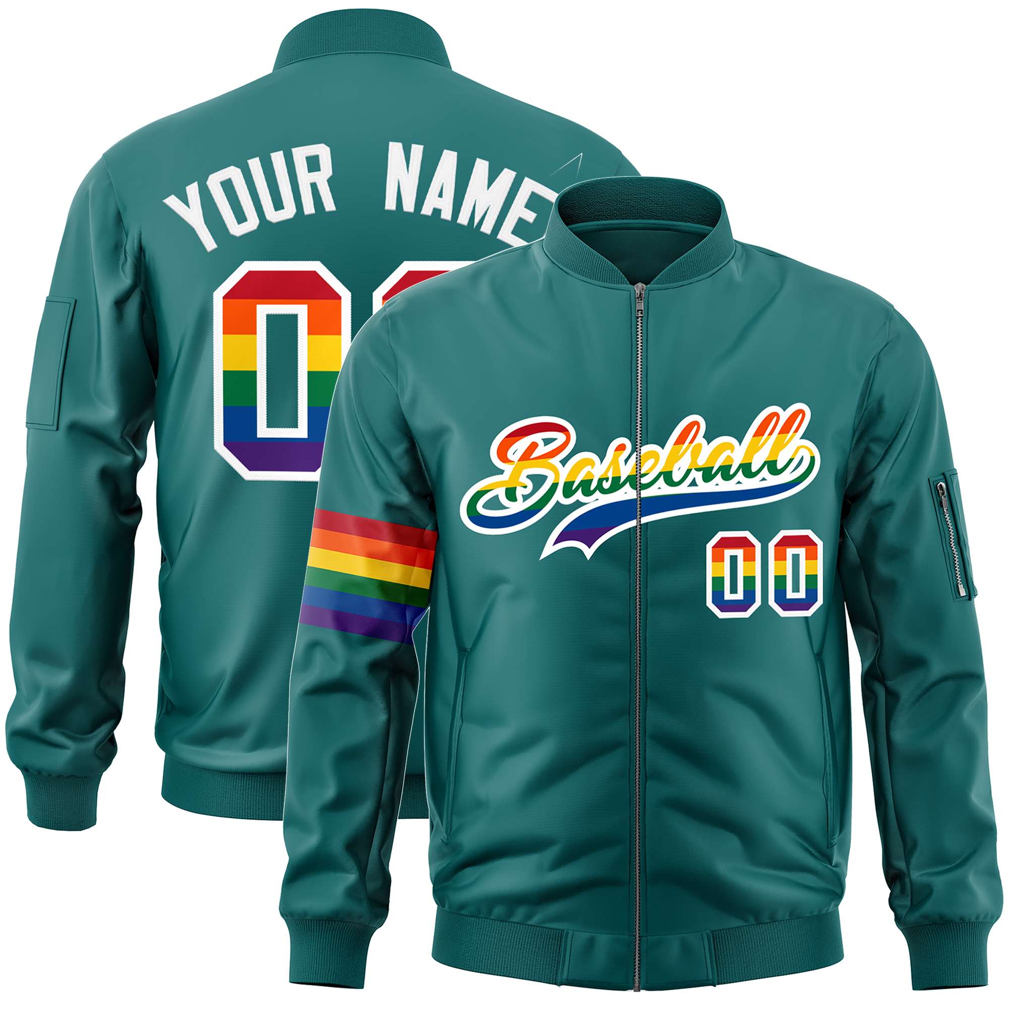 Custom Aqua LGBT Rainbow For Pride Month Classic Style Letterman Bomber Jacket