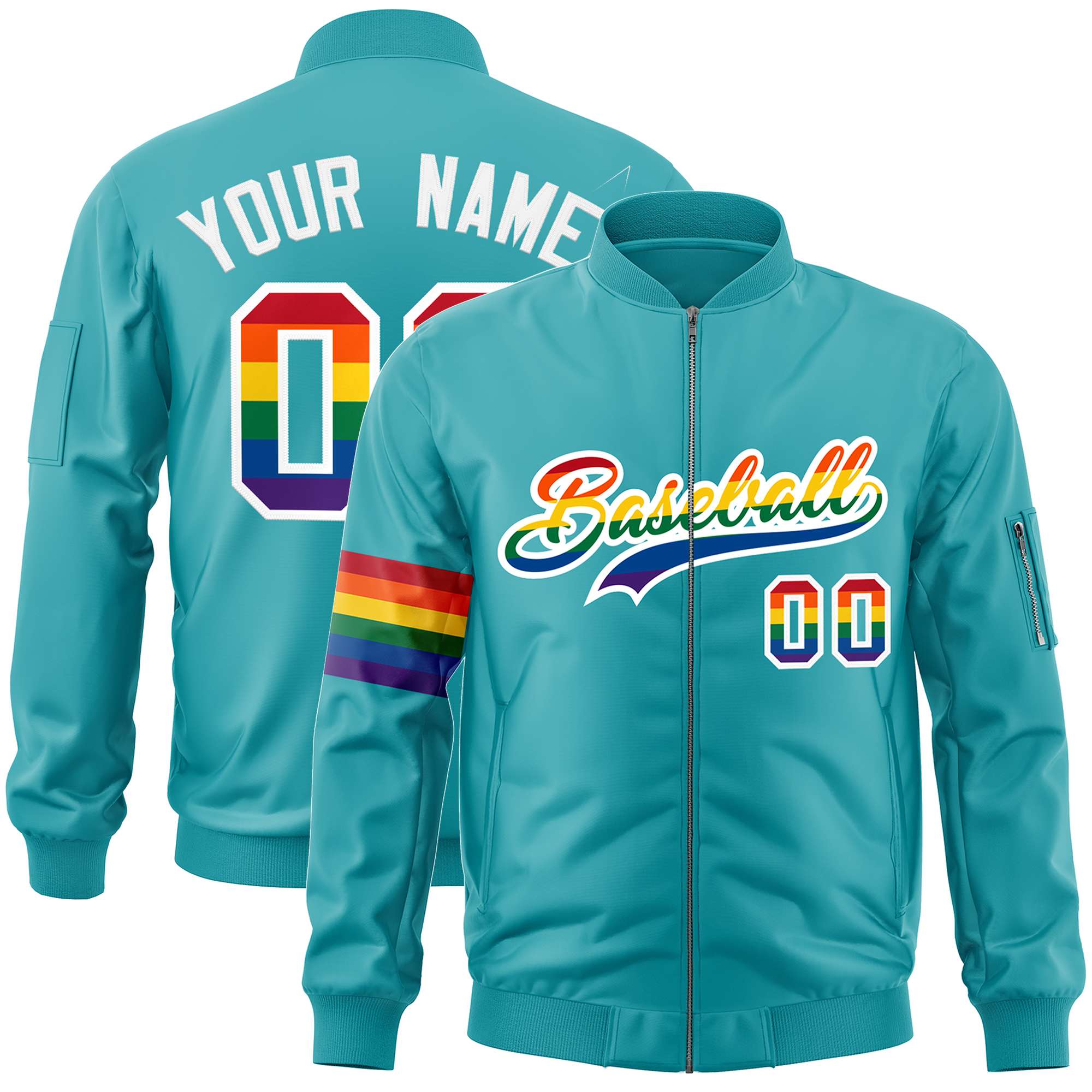 Custom Aqua LGBT Rainbow For Pride Month Classic Style Letterman Bomber Jacket