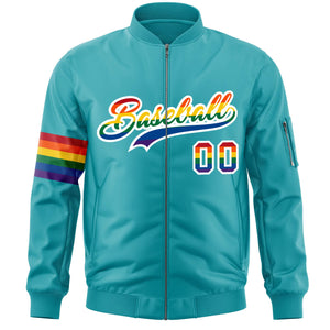 Custom Aqua LGBT Rainbow For Pride Month Classic Style Letterman Bomber Jacket