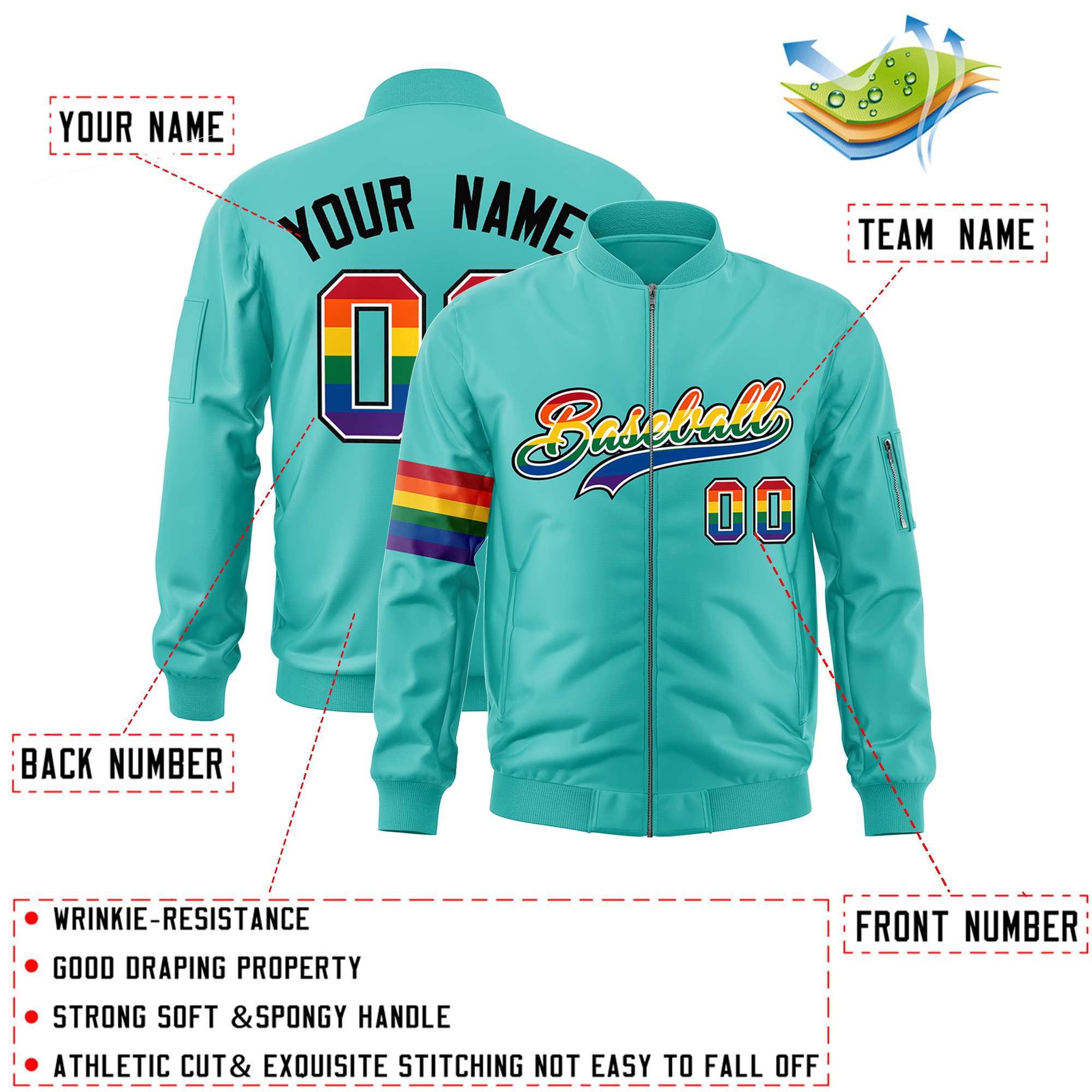 Custom Aqua LGBT Rainbow For Pride Month Classic Style Letterman Bomber Jacket