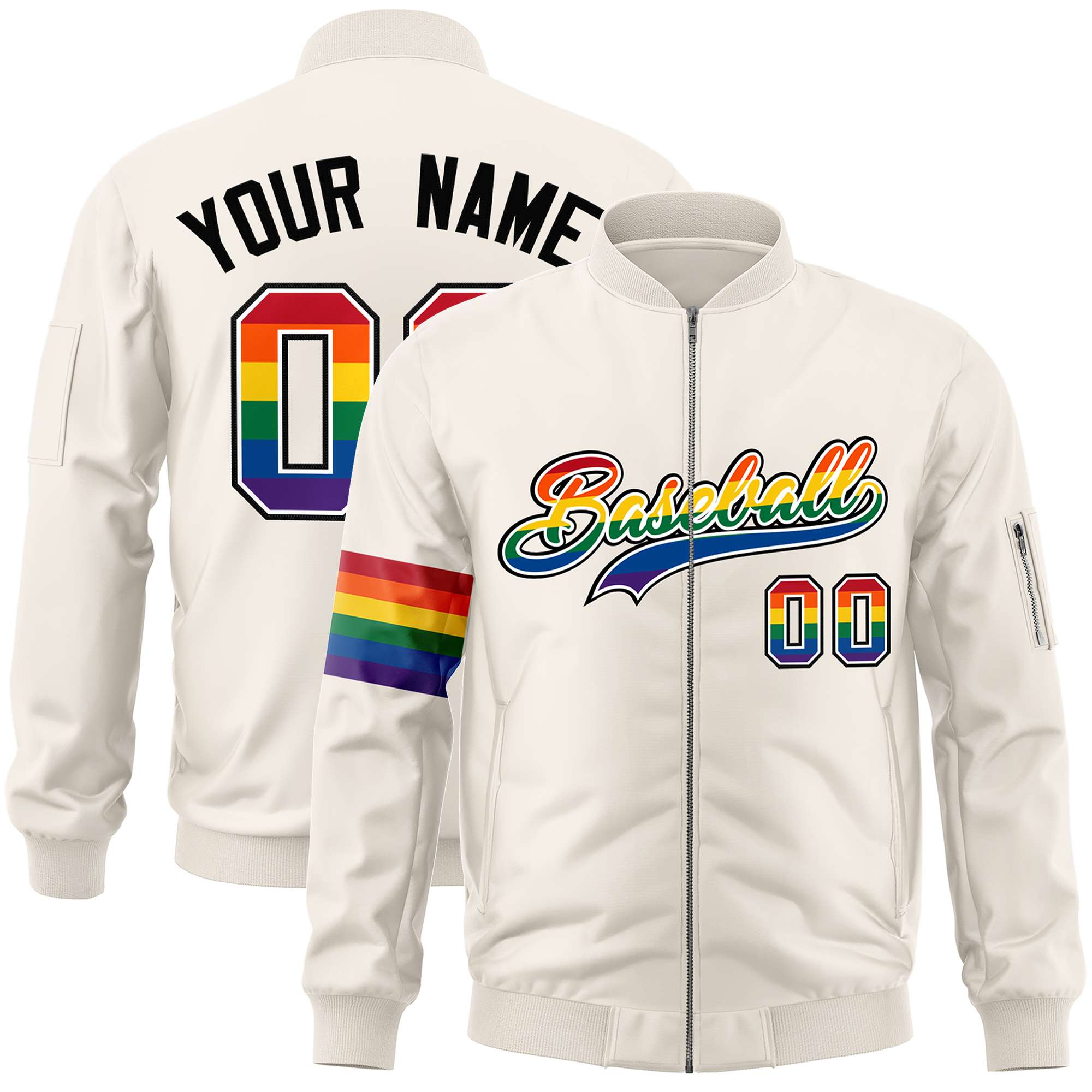 Custom Cream LGBT Rainbow For Pride Month Classic Style Letterman Bomber Jacket