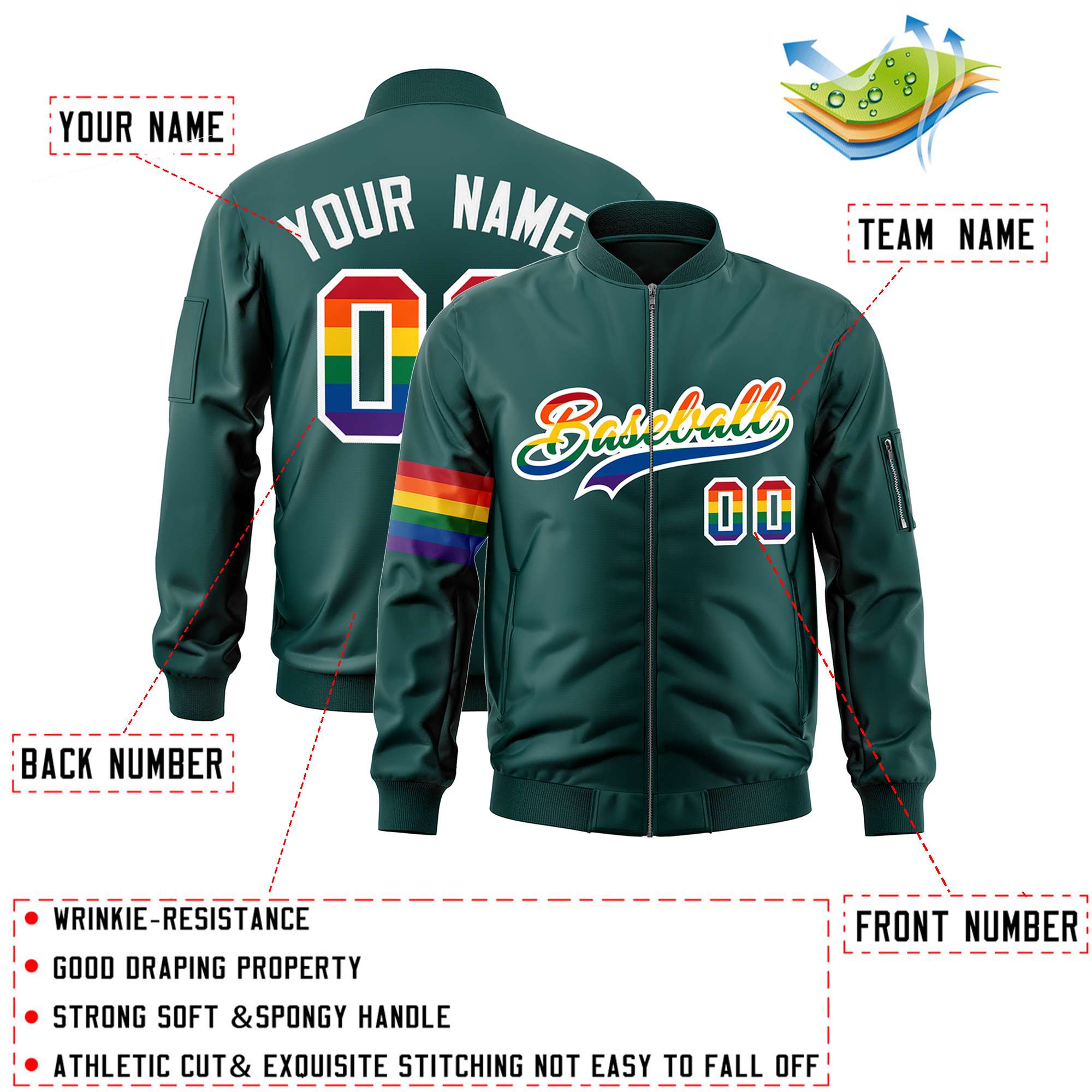 Custom Midnight Green LGBT Rainbow For Pride Month Classic Style Letterman Bomber Jacket