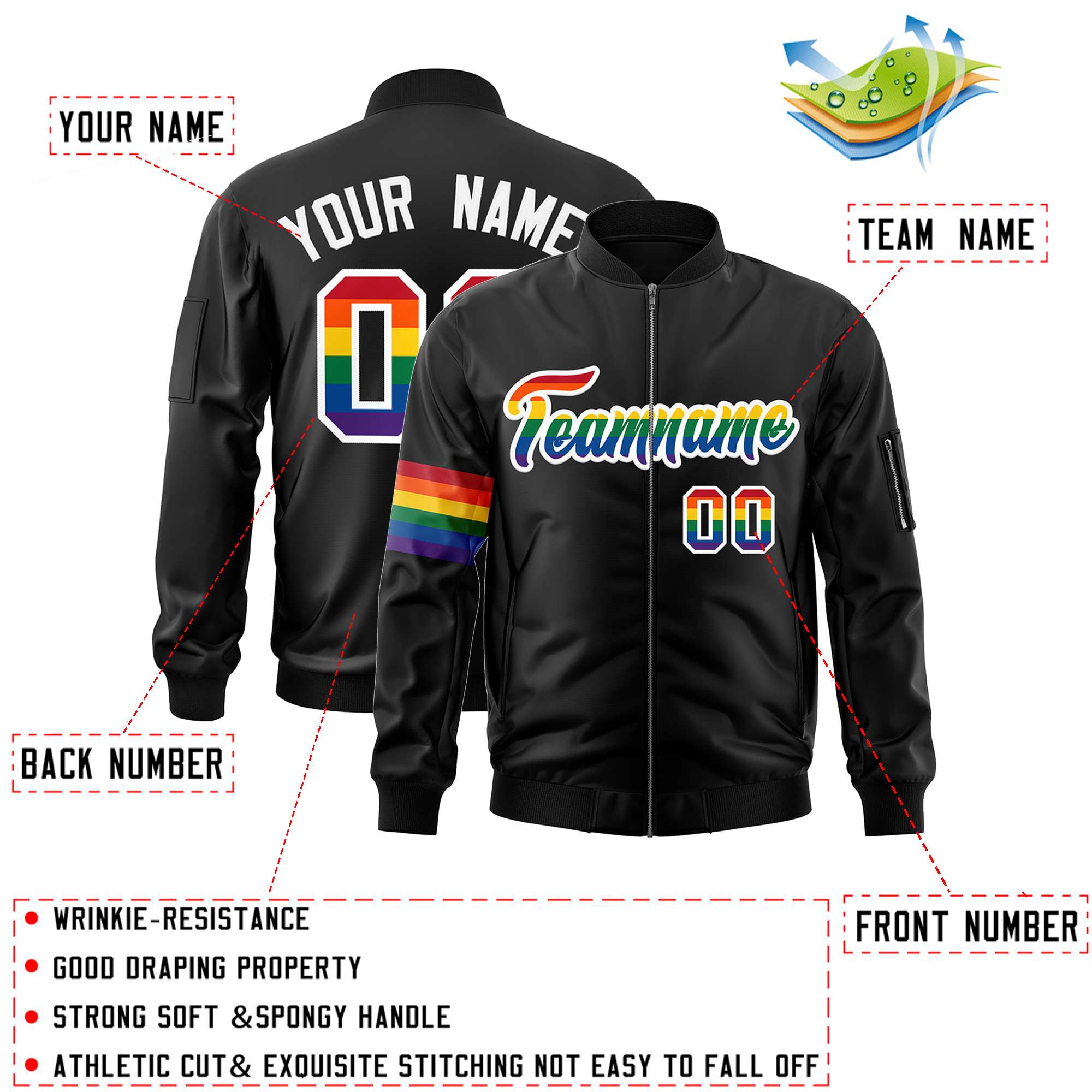 Custom Black LGBT Rainbow For Pride Month Classic Style Letterman Bomber Jacket