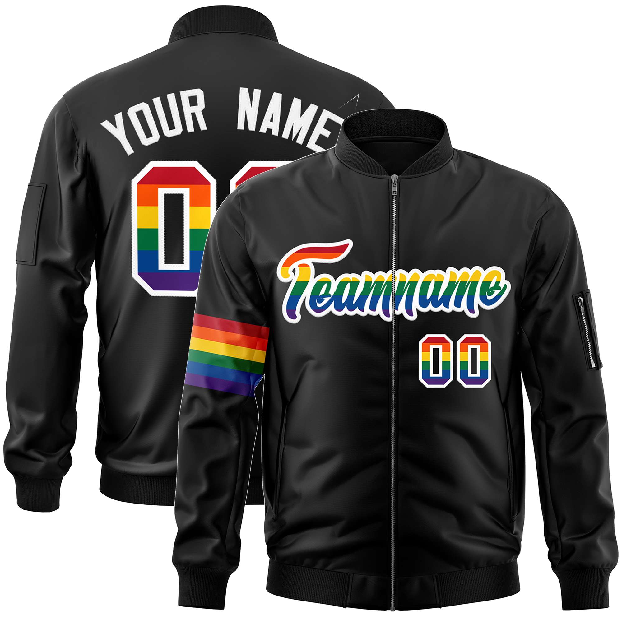 Custom Black LGBT Rainbow For Pride Month Classic Style Letterman Bomber Jacket