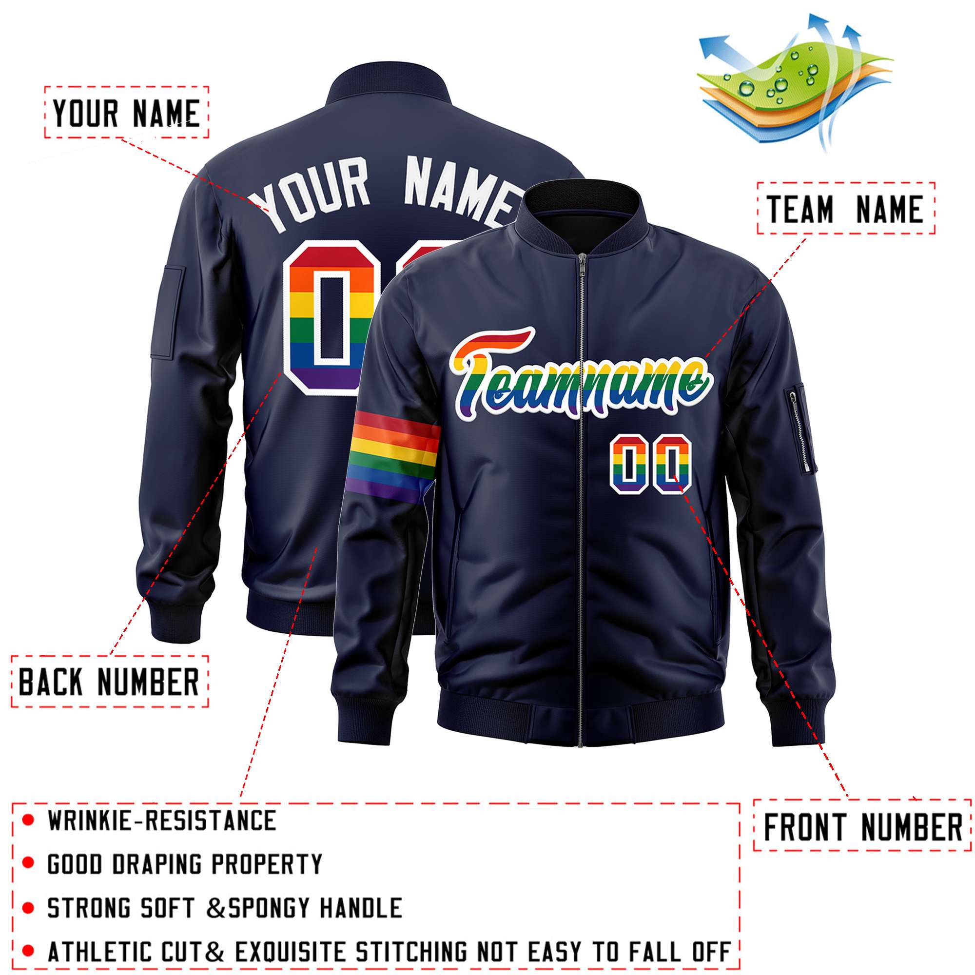 Custom Navy LGBT Rainbow For Pride Month Classic Style Letterman Bomber Jacket