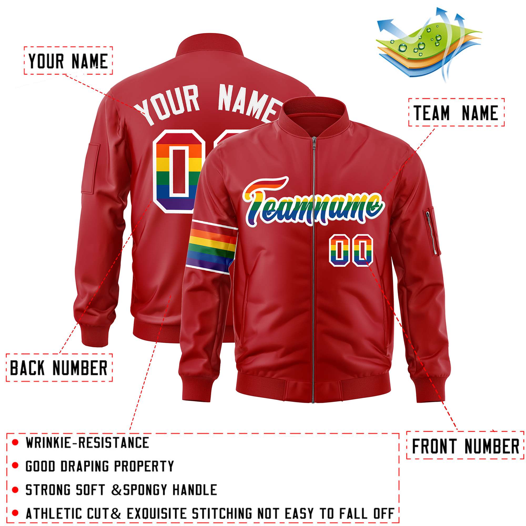 Custom Red LGBT Rainbow For Pride Month Classic Style Letterman Bomber Jacket