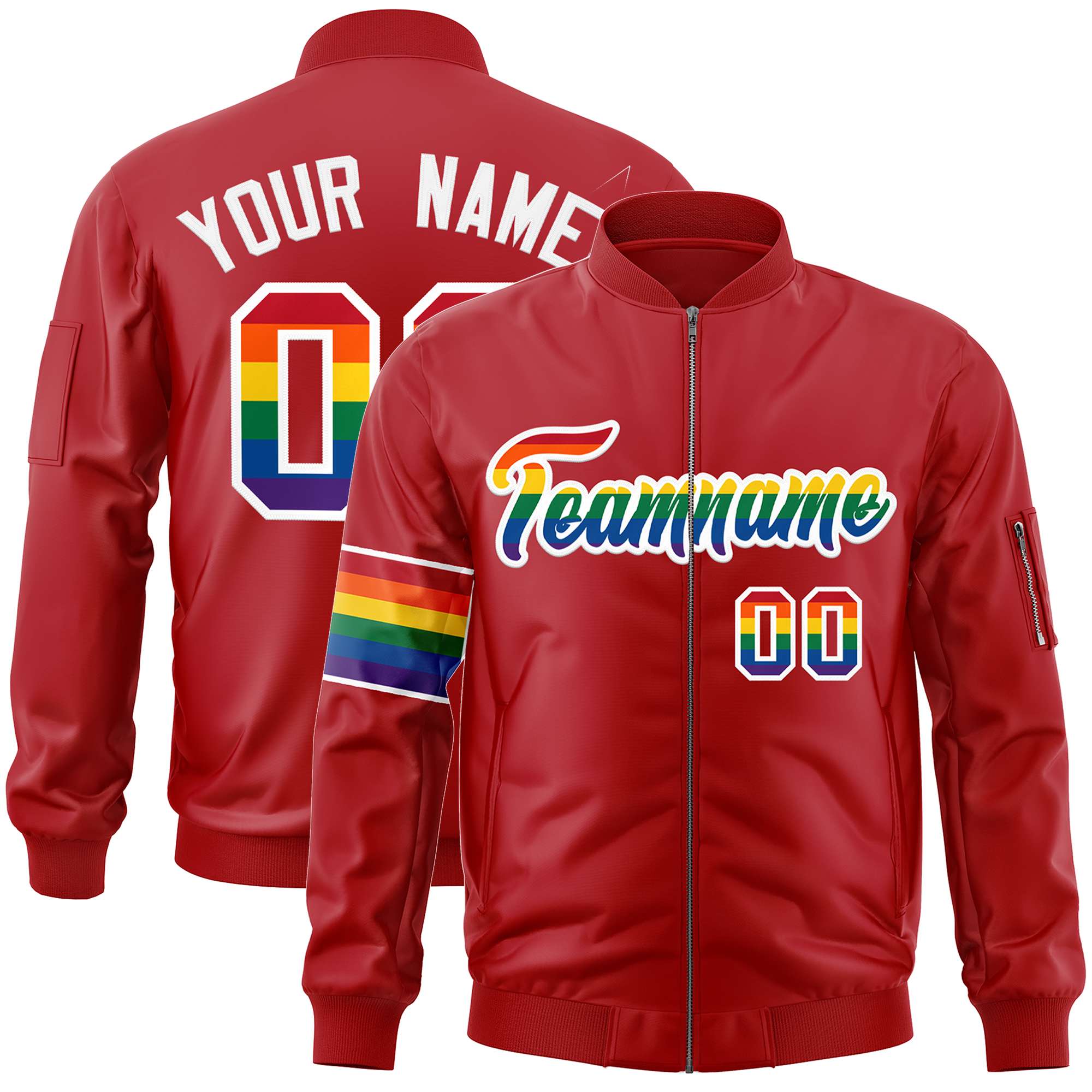 Custom Red LGBT Rainbow For Pride Month Classic Style Letterman Bomber Jacket