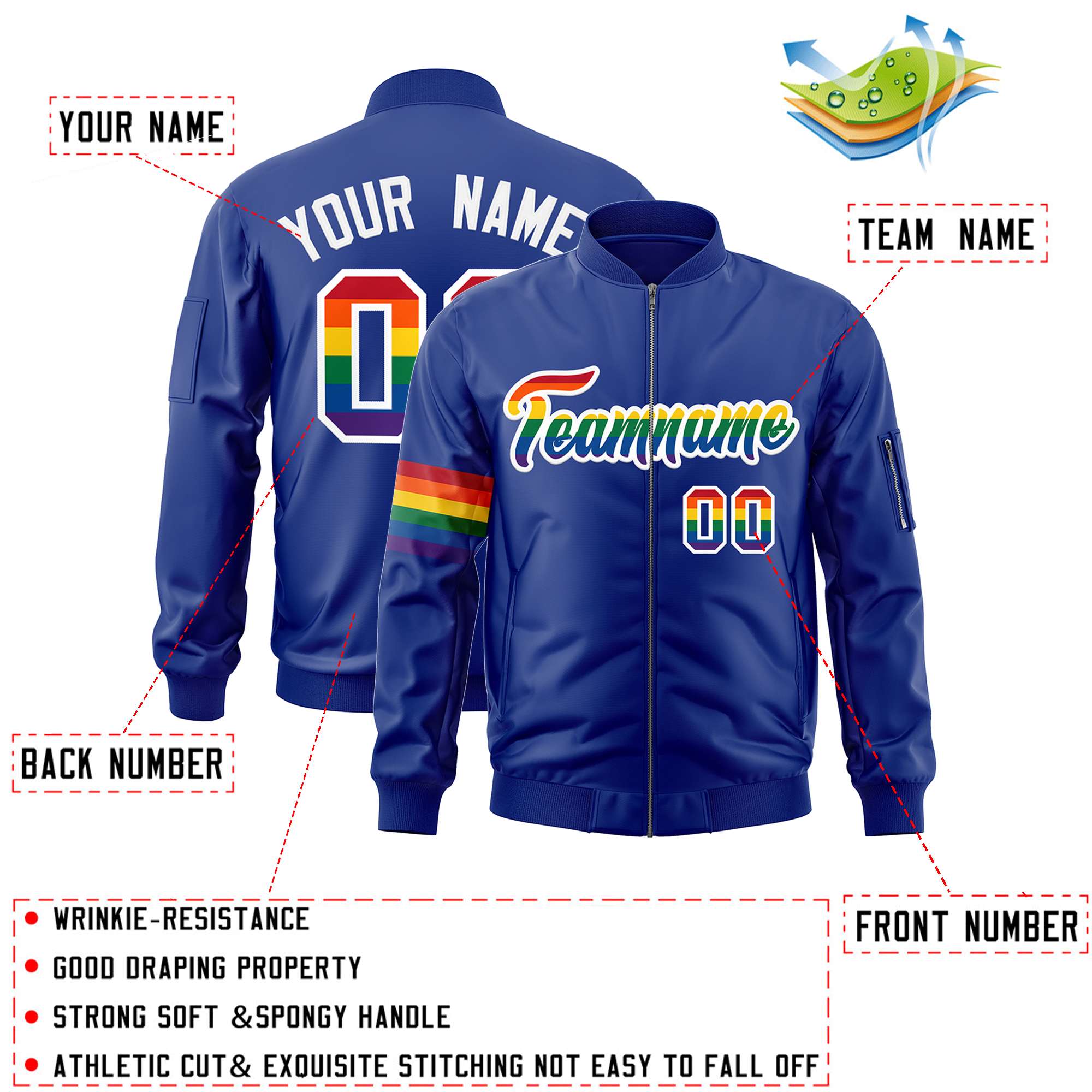 Custom Royal LGBT Rainbow For Pride Month Classic Style Letterman Bomber Jacket