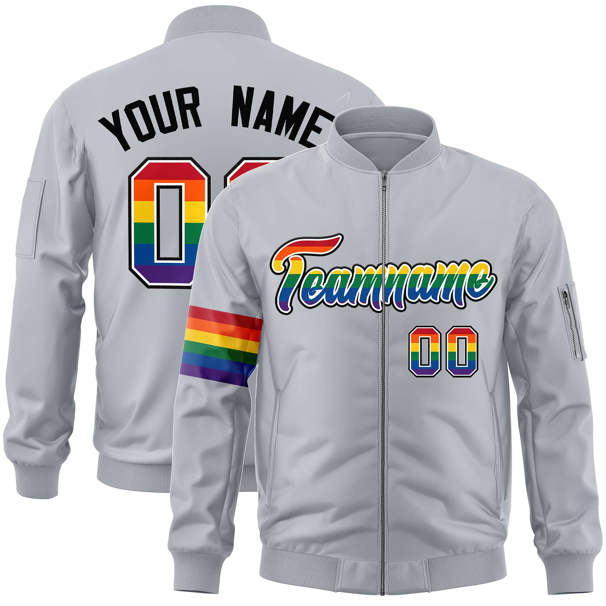 Custom Light Gray LGBT Rainbow For Pride Month Classic Style Letterman Bomber Jacket