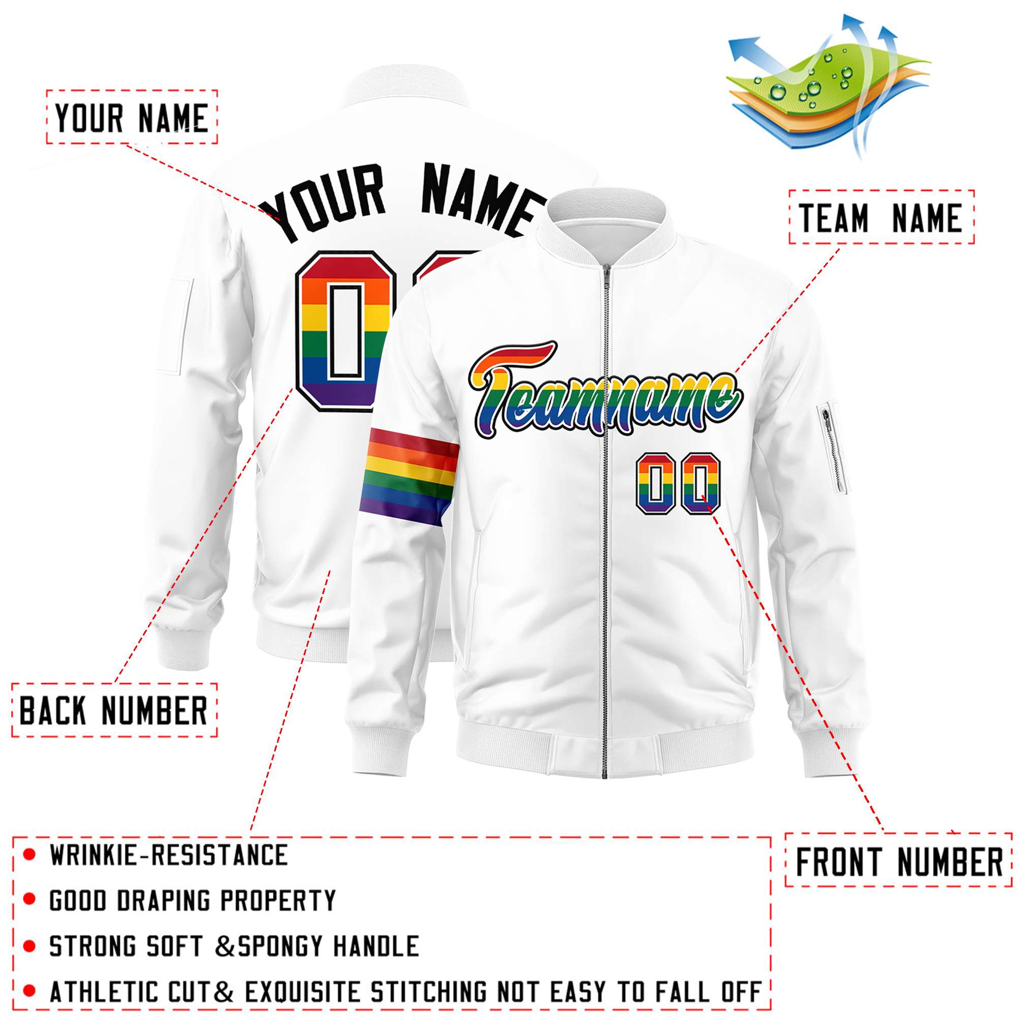 Custom White LGBT Rainbow For Pride Month Classic Style Letterman Bomber Jacket