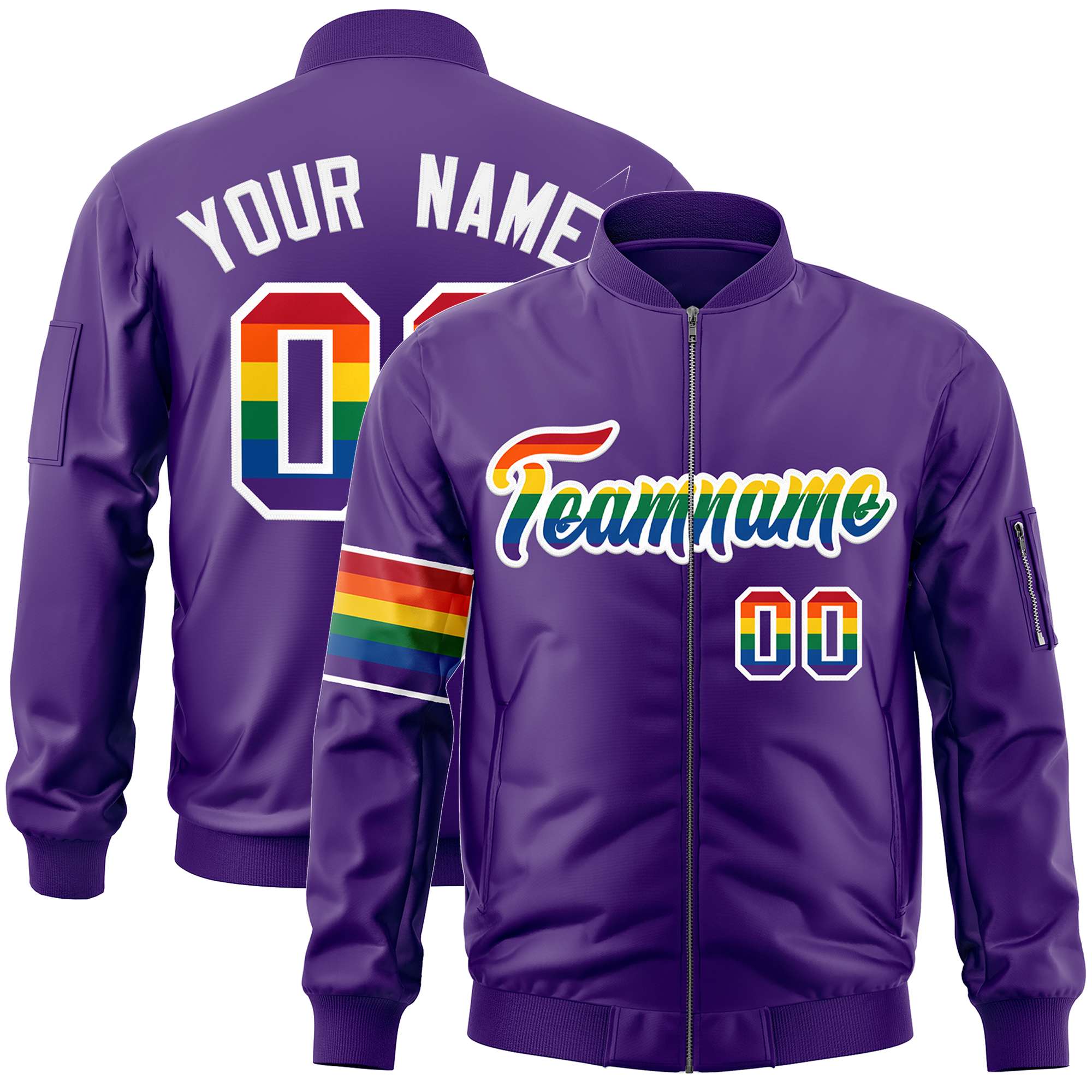 Custom Purple LGBT Rainbow For Pride Month Classic Style Letterman Bomber Jacket