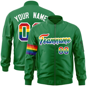 Custom Kelly Green LGBT Rainbow For Pride Month Classic Style Letterman Bomber Jacket