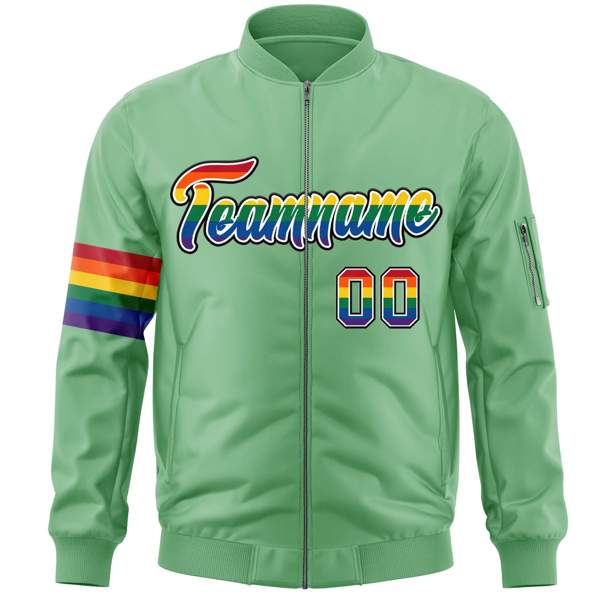 Custom Light Green LGBT Rainbow For Pride Month Classic Style Letterman Bomber Jacket