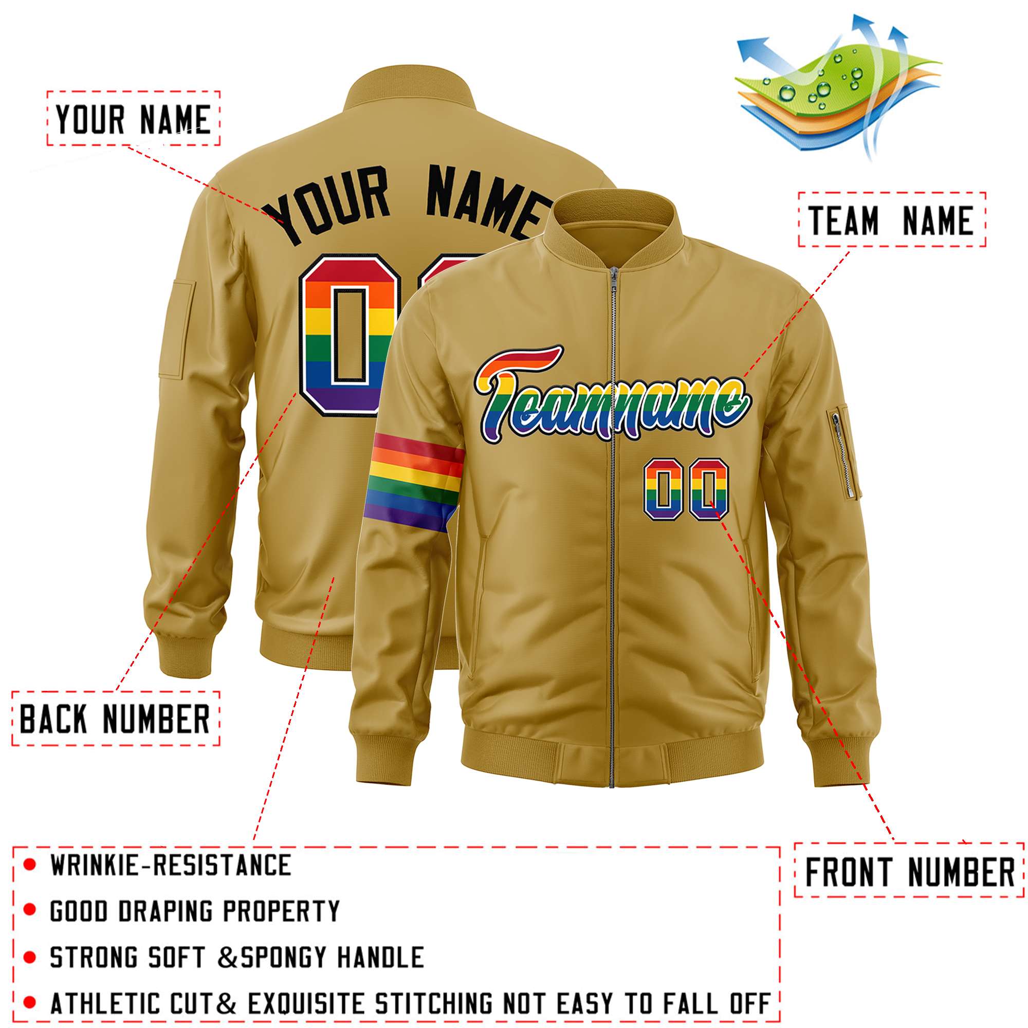 Custom Old Gold LGBT Rainbow For Pride Month Classic Style Letterman Bomber Jacket