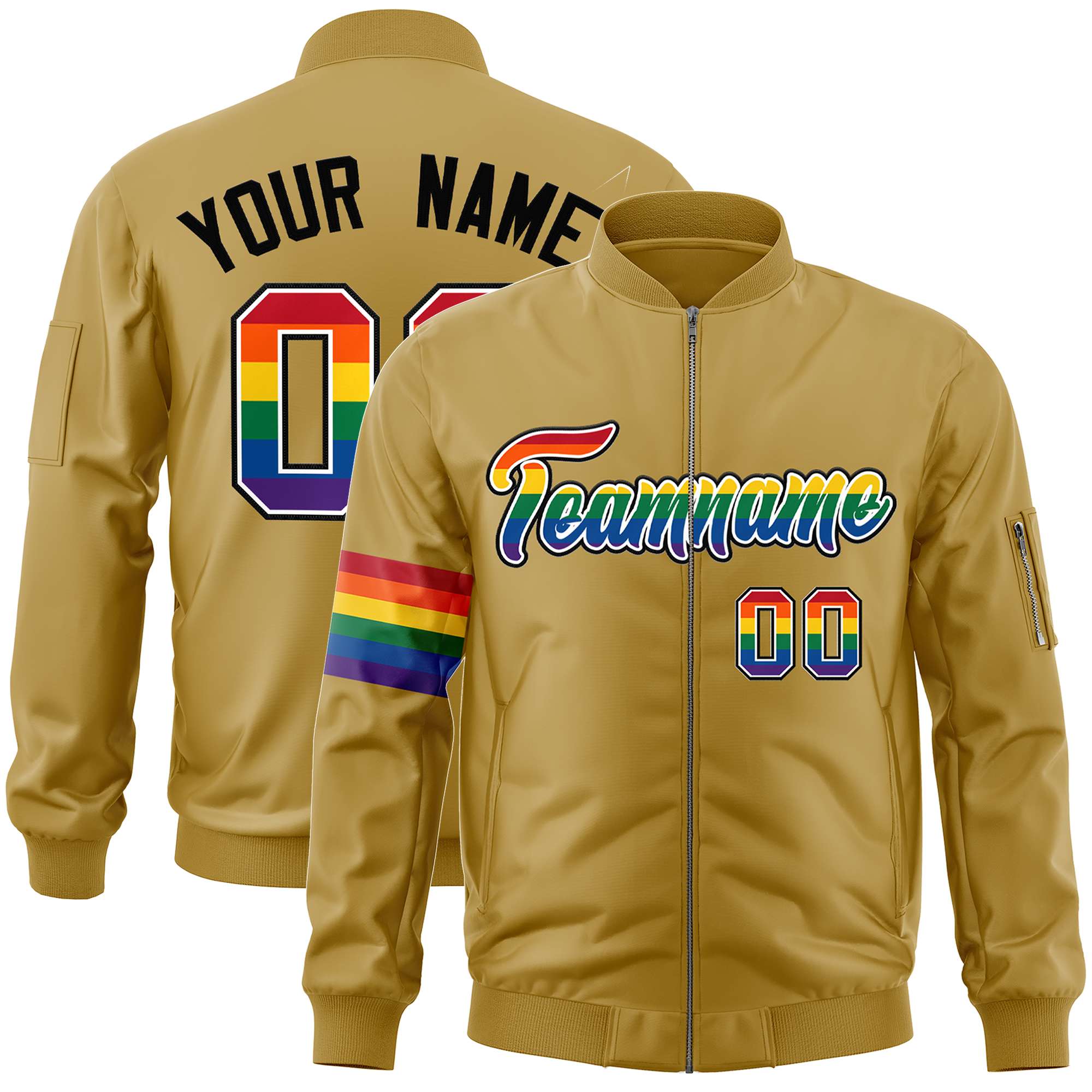 Custom Old Gold LGBT Rainbow For Pride Month Classic Style Letterman Bomber Jacket