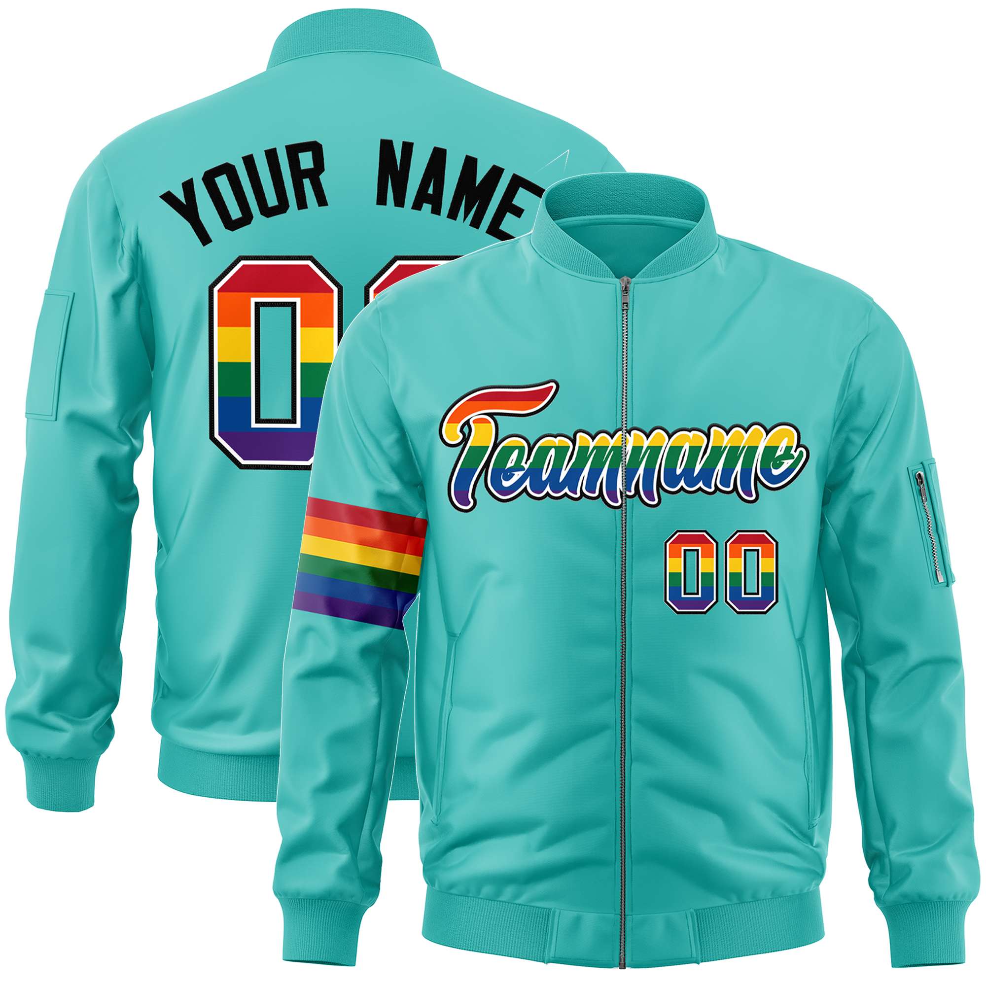 Custom Aqua LGBT Rainbow For Pride Month Classic Style Letterman Bomber Jacket