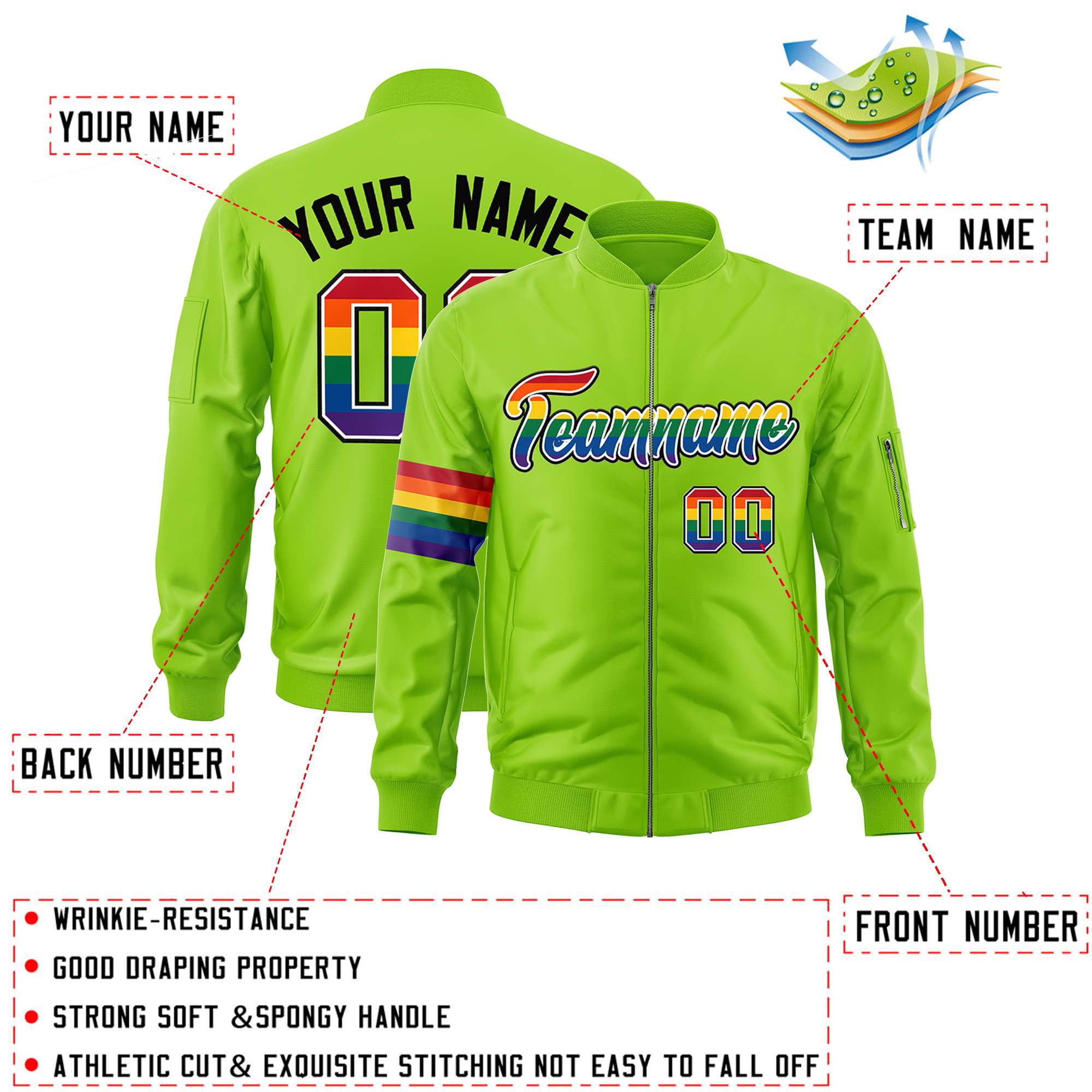 Custom Neon Green LGBT Rainbow For Pride Month Classic Style Letterman Bomber Jacket