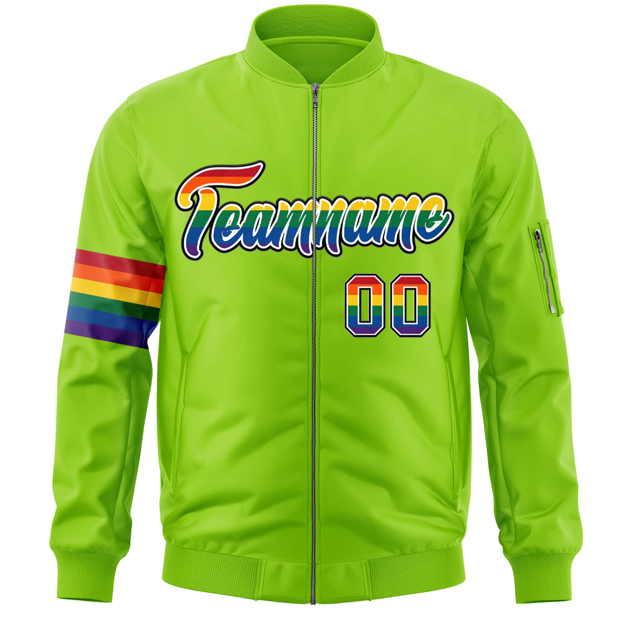 Custom Neon Green LGBT Rainbow For Pride Month Classic Style Letterman Bomber Jacket