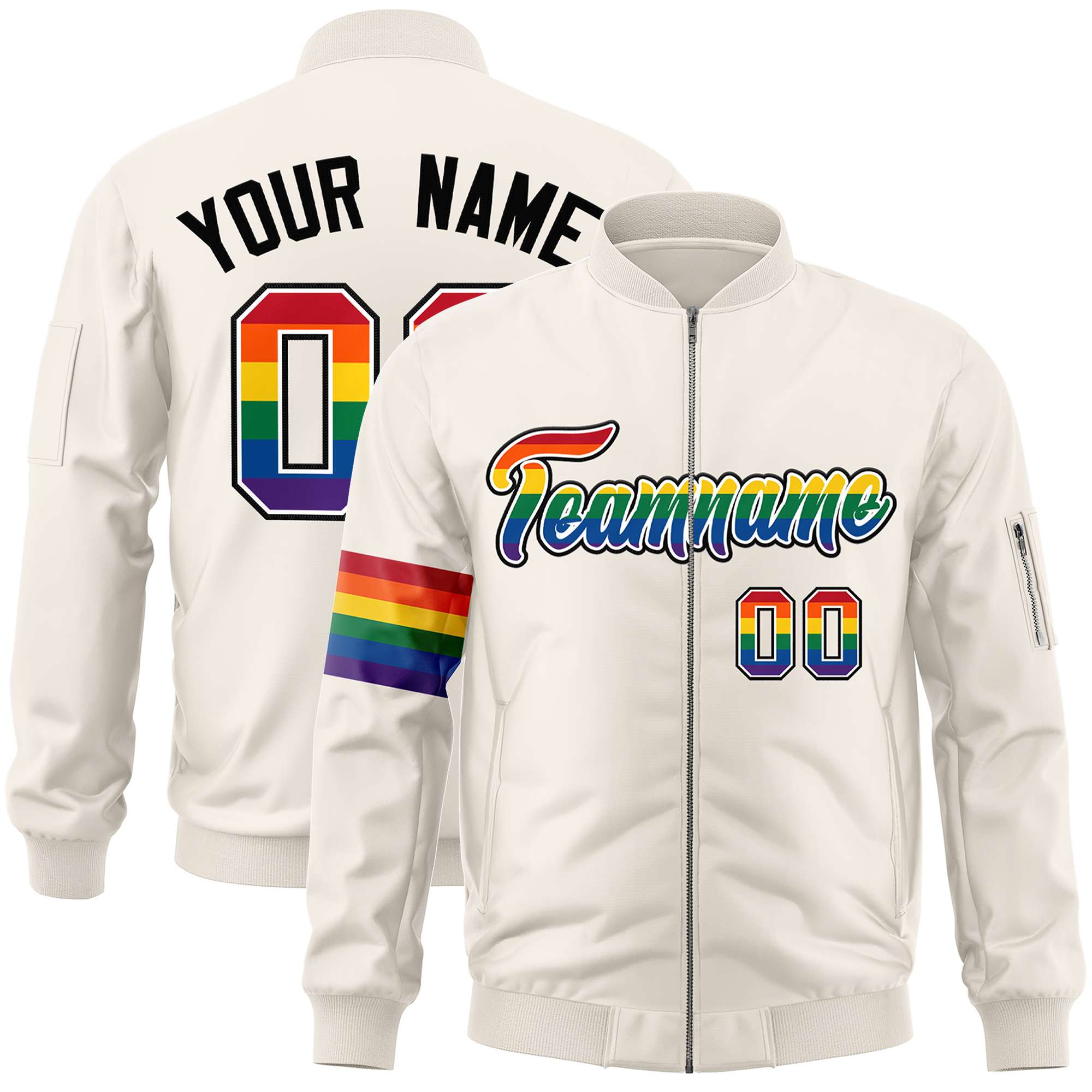 Custom Cream LGBT Rainbow For Pride Month Classic Style Letterman Bomber Jacket