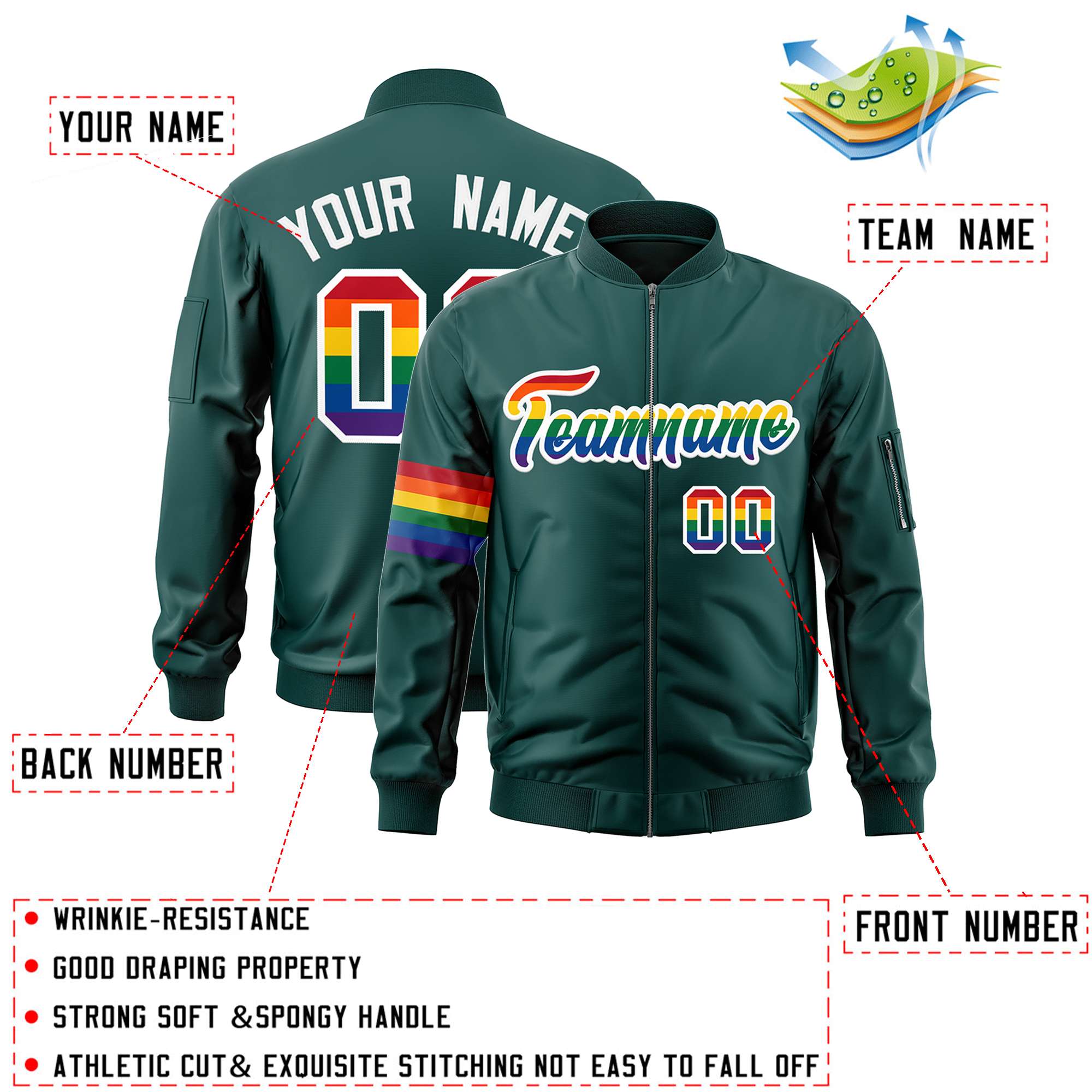 Custom Midnight Green LGBT Rainbow For Pride Month Classic Style Letterman Bomber Jacket