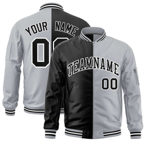 Custom Black Gray Split Varsity Full-Zip Two Tone Letterman Bomber Jacket