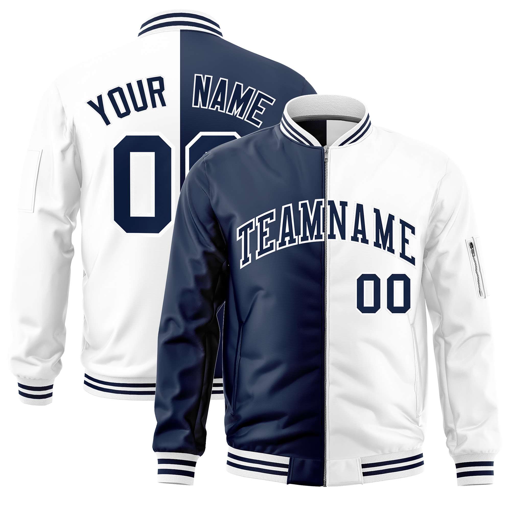 Custom Navy White Split Varsity Full-Zip Two Tone Letterman Bomber Jacket