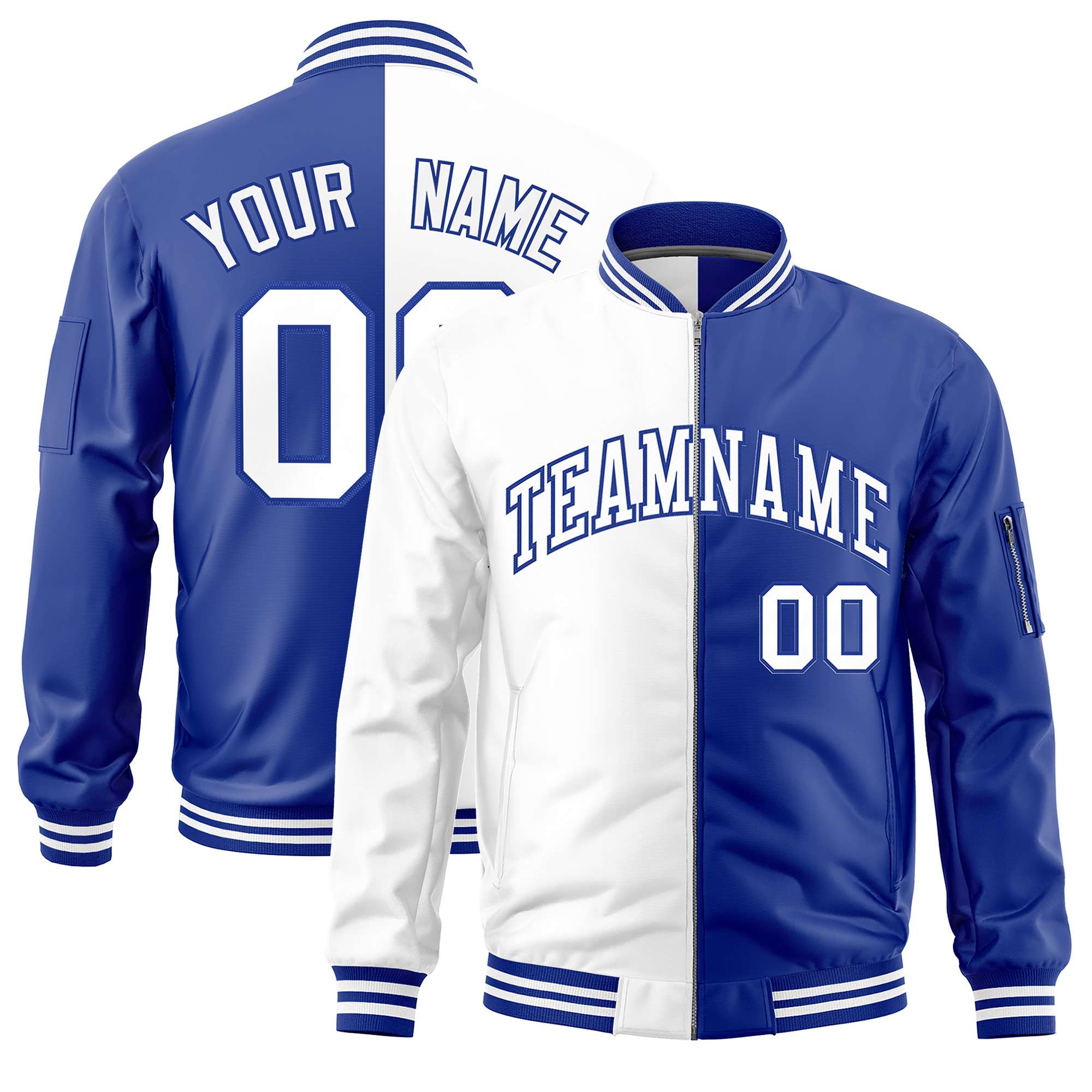 Custom White Royal Split Varsity Full-Zip Two Tone Letterman Bomber Jacket