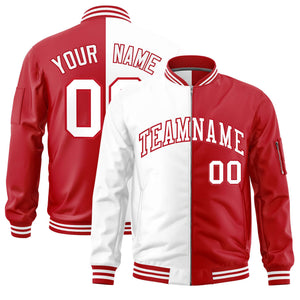 Custom White Red Split Varsity Full-Zip Two Tone Letterman Bomber Jacket