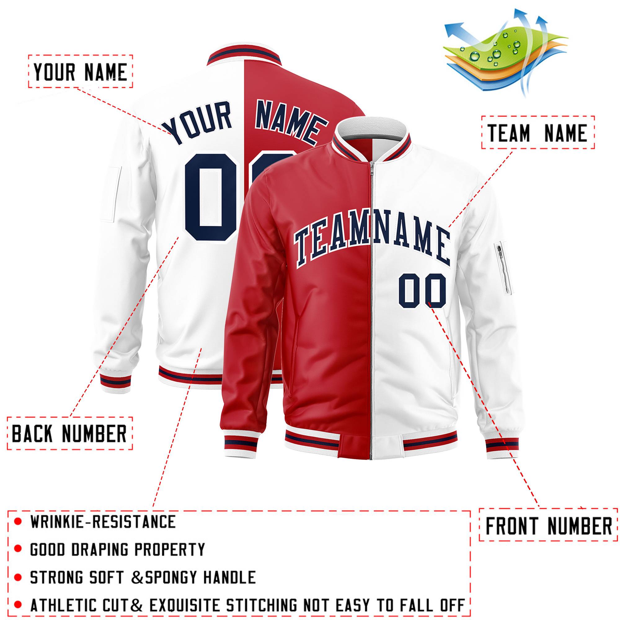 Custom Red White Split Varsity Full-Zip Two Tone Letterman Bomber Jacket