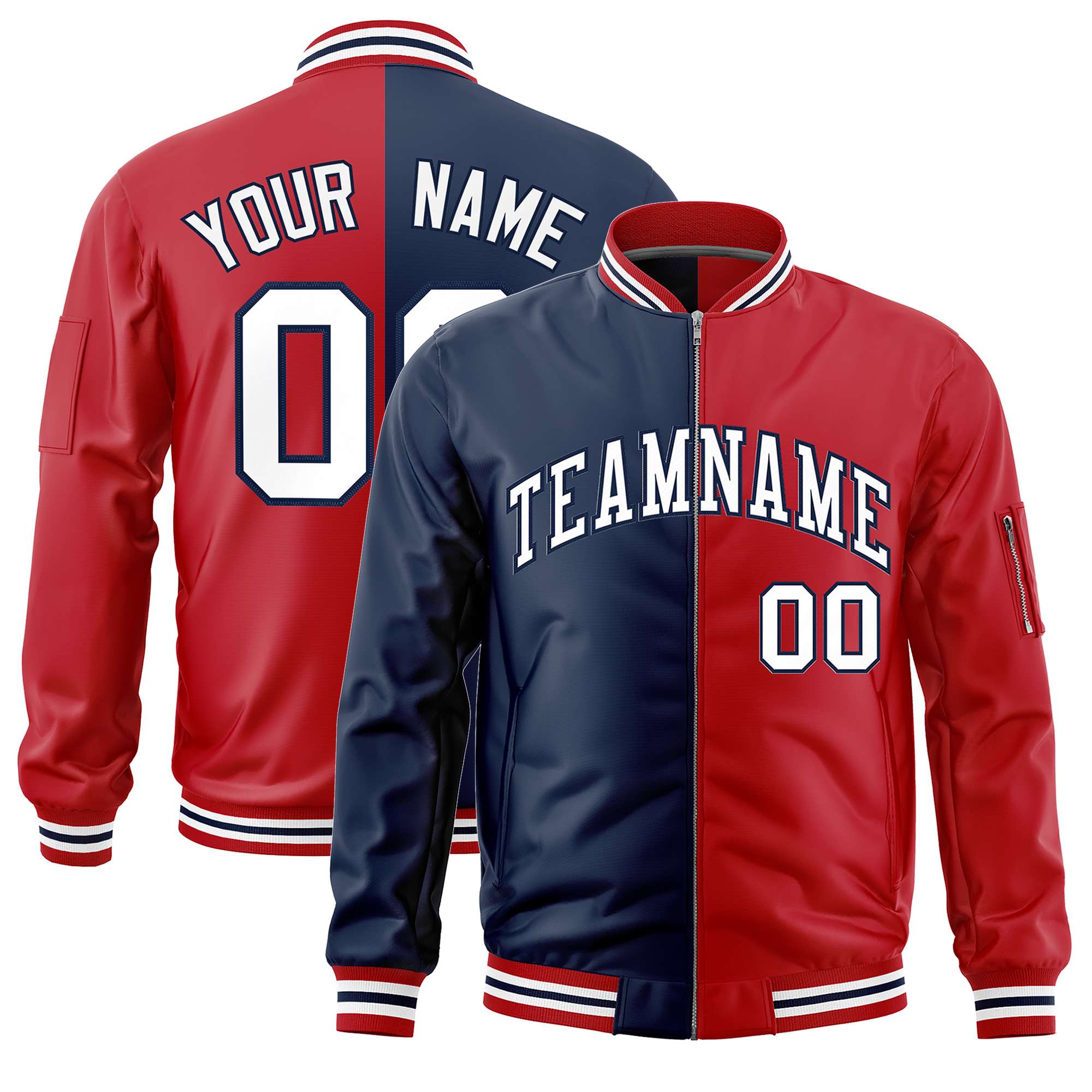 Custom Navy Red Split Varsity Full-Zip Two Tone Letterman Bomber Jacket