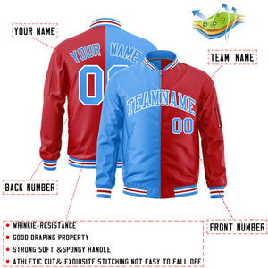 Custom Powder Blue Red Split Varsity Full-Zip Two Tone Letterman Bomber Jacket