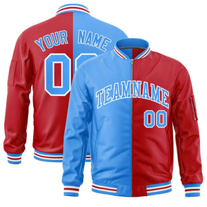 Custom Powder Blue Red Split Varsity Full-Zip Two Tone Letterman Bomber Jacket