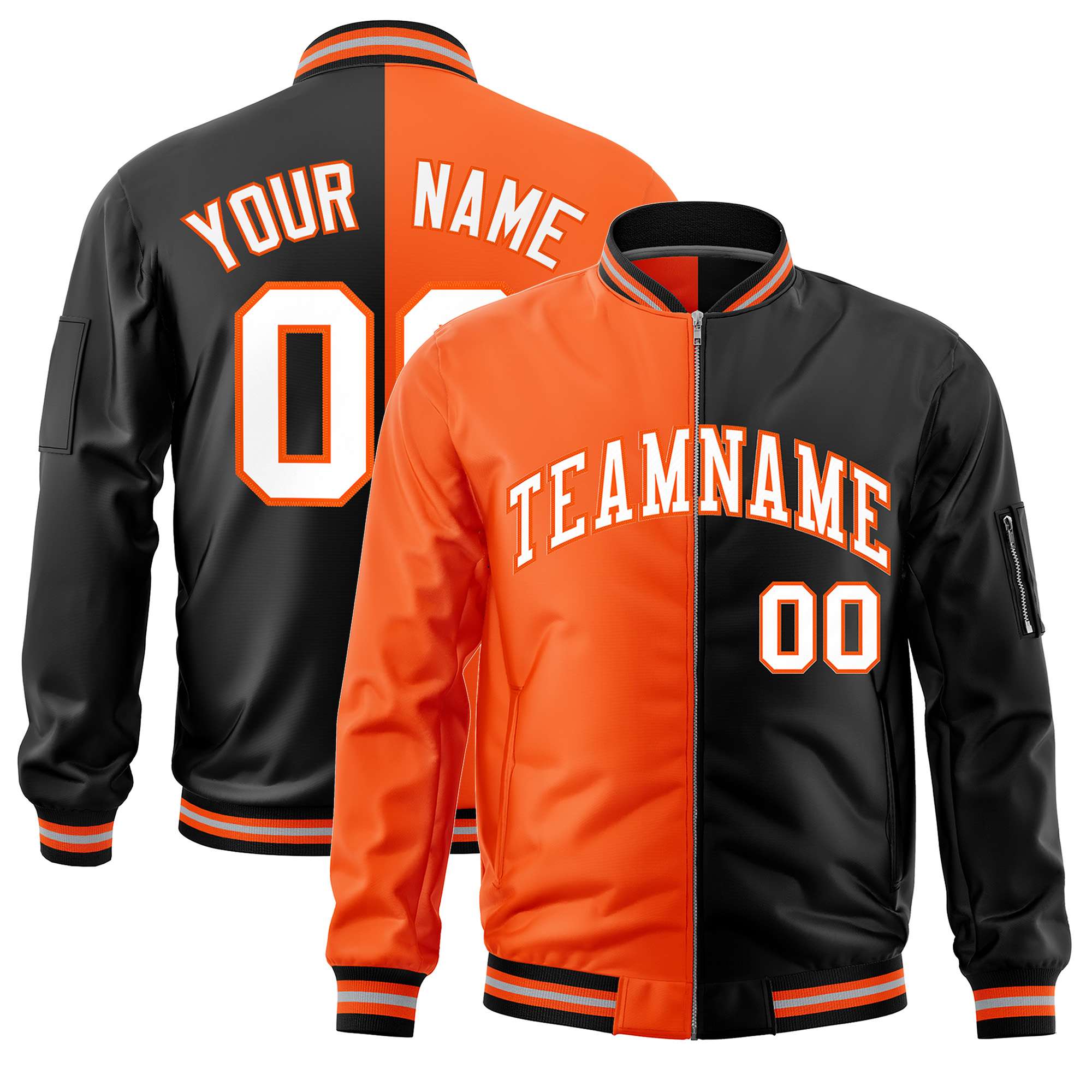 Custom Orange Black Split Varsity Full-Zip Two Tone Letterman Bomber Jacket