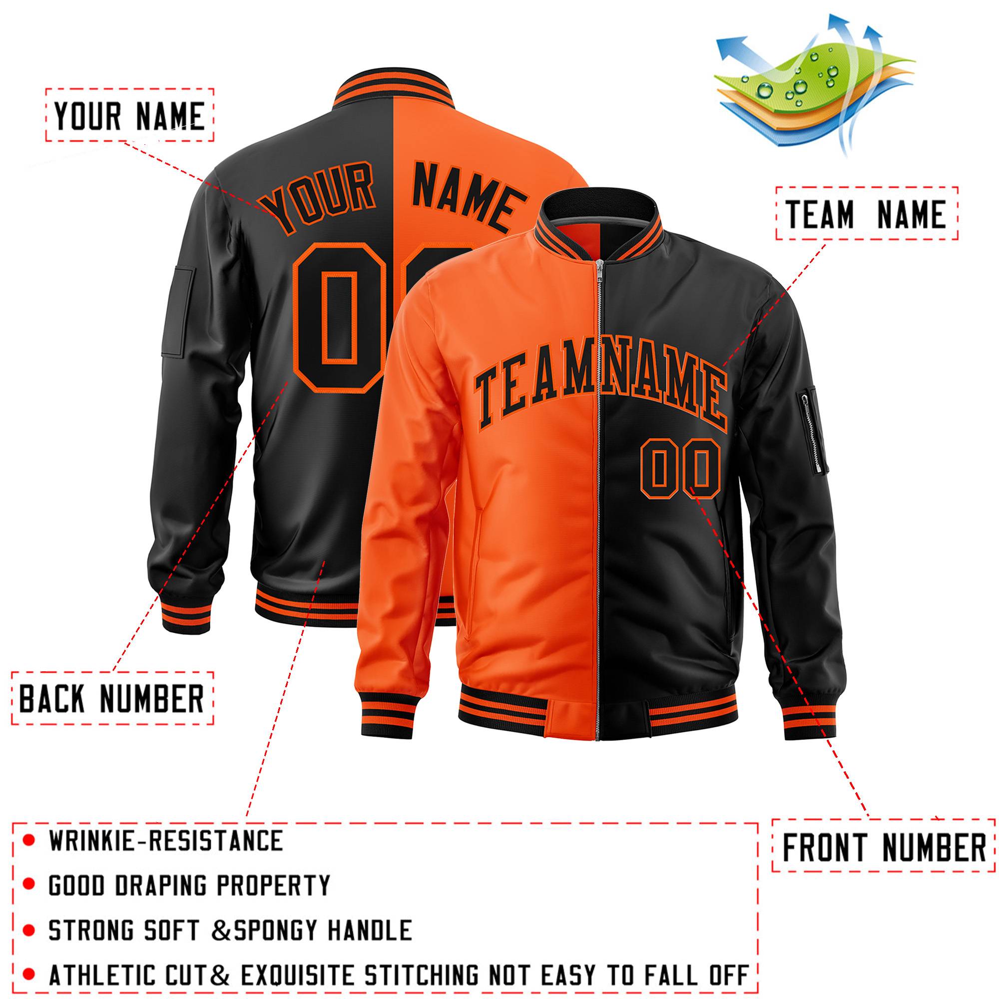 Custom Orange Black Split Varsity Full-Zip Two Tone Letterman Bomber Jacket