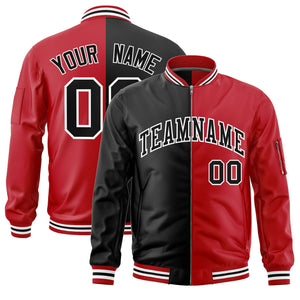 Custom Black Red Split Varsity Full-Zip Two Tone Letterman Bomber Jacket