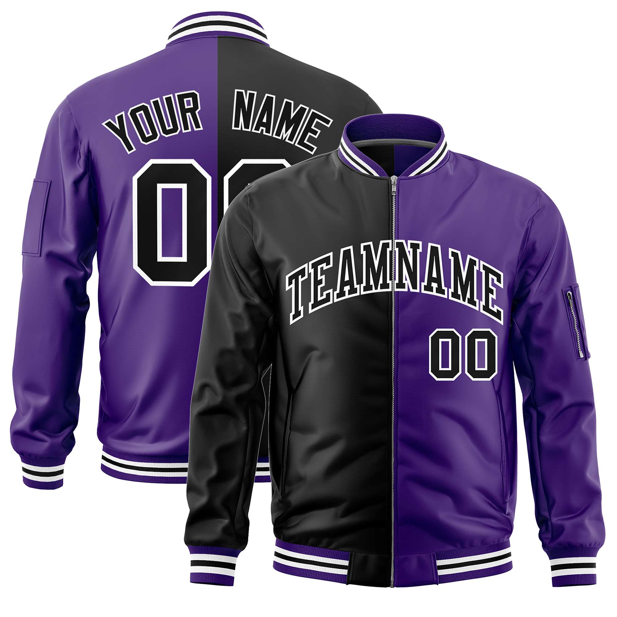 Custom Black Purple Split Varsity Full-Zip Two Tone Letterman Bomber Jacket