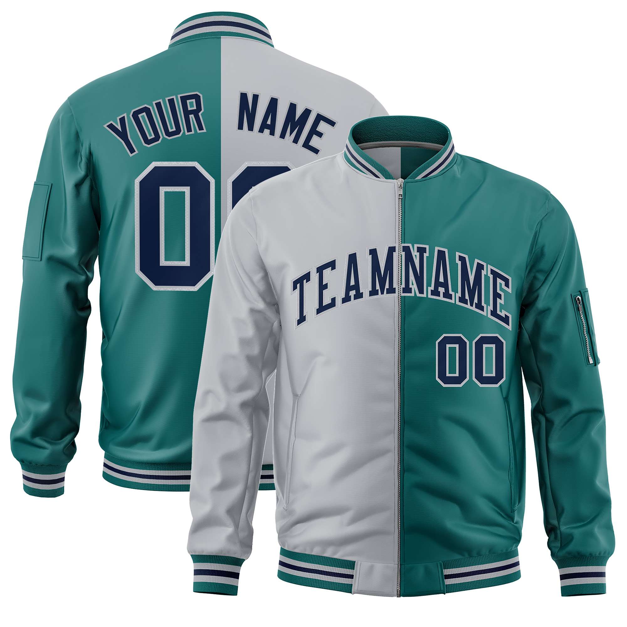 Custom Gray Aqua Split Varsity Full-Zip Two Tone Letterman Bomber Jacket