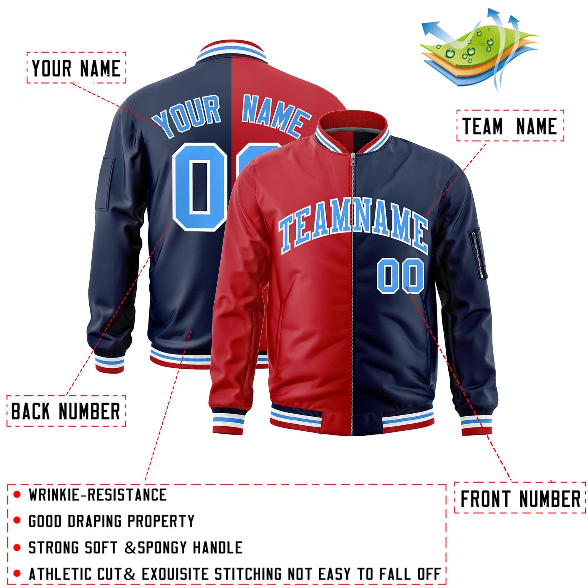 Custom Red Navy Split Varsity Full-Zip Two Tone Letterman Bomber Jacket