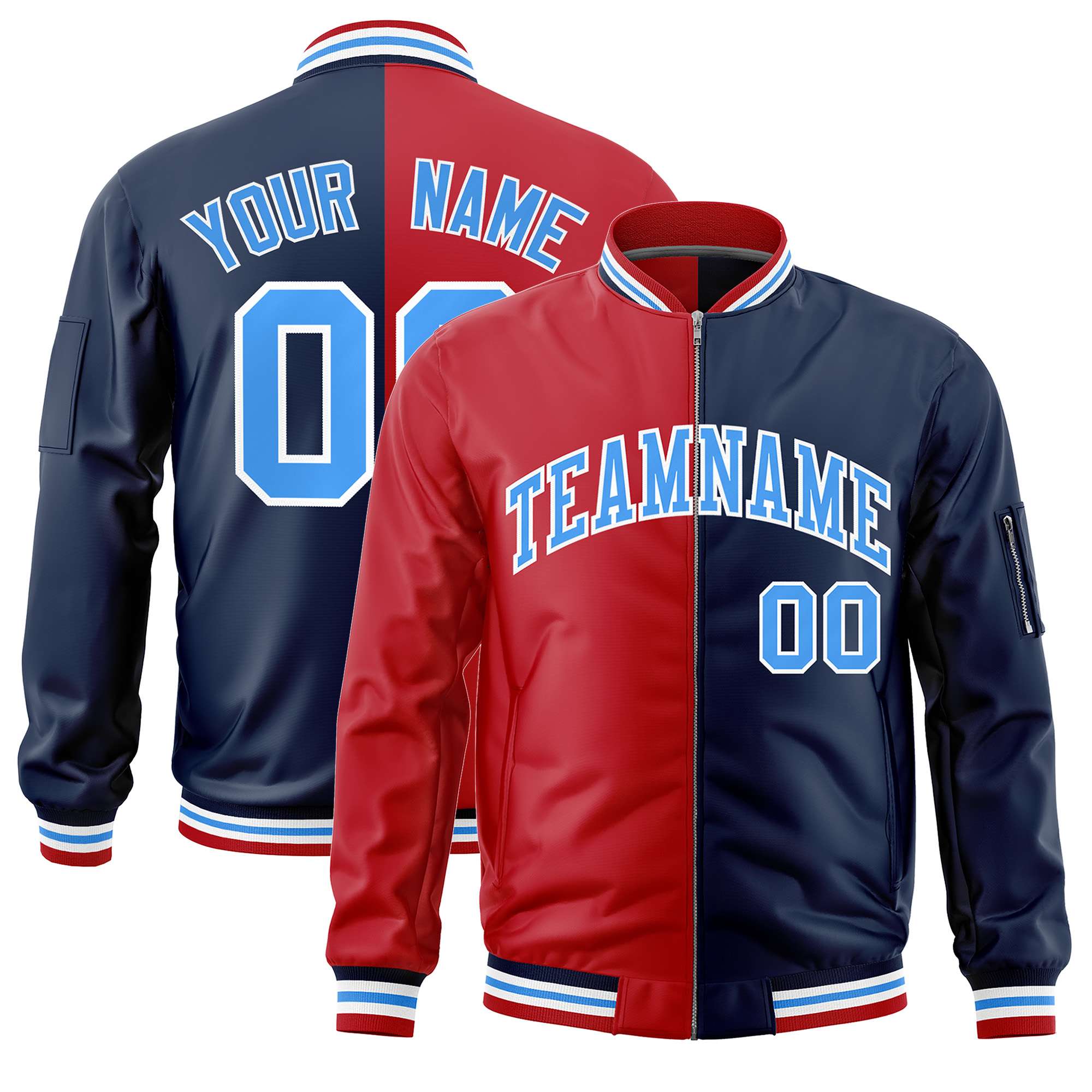 Custom Red Navy Split Varsity Full-Zip Two Tone Letterman Bomber Jacket