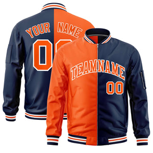 Custom Orange Navy Split Varsity Full-Zip Two Tone Letterman Bomber Jacket