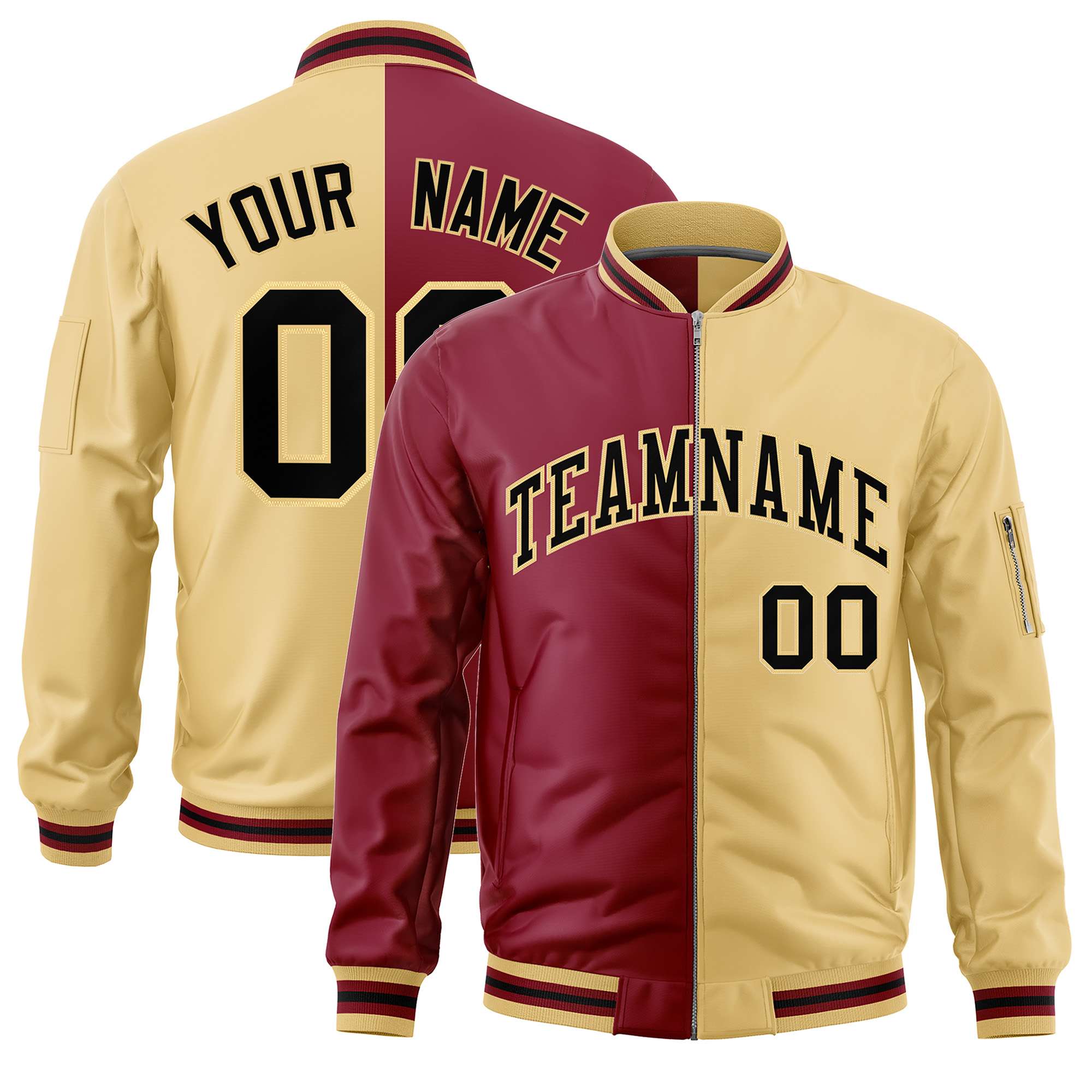 Custom Crimson Khaki Split Varsity Full-Zip Two Tone Letterman Bomber Jacket