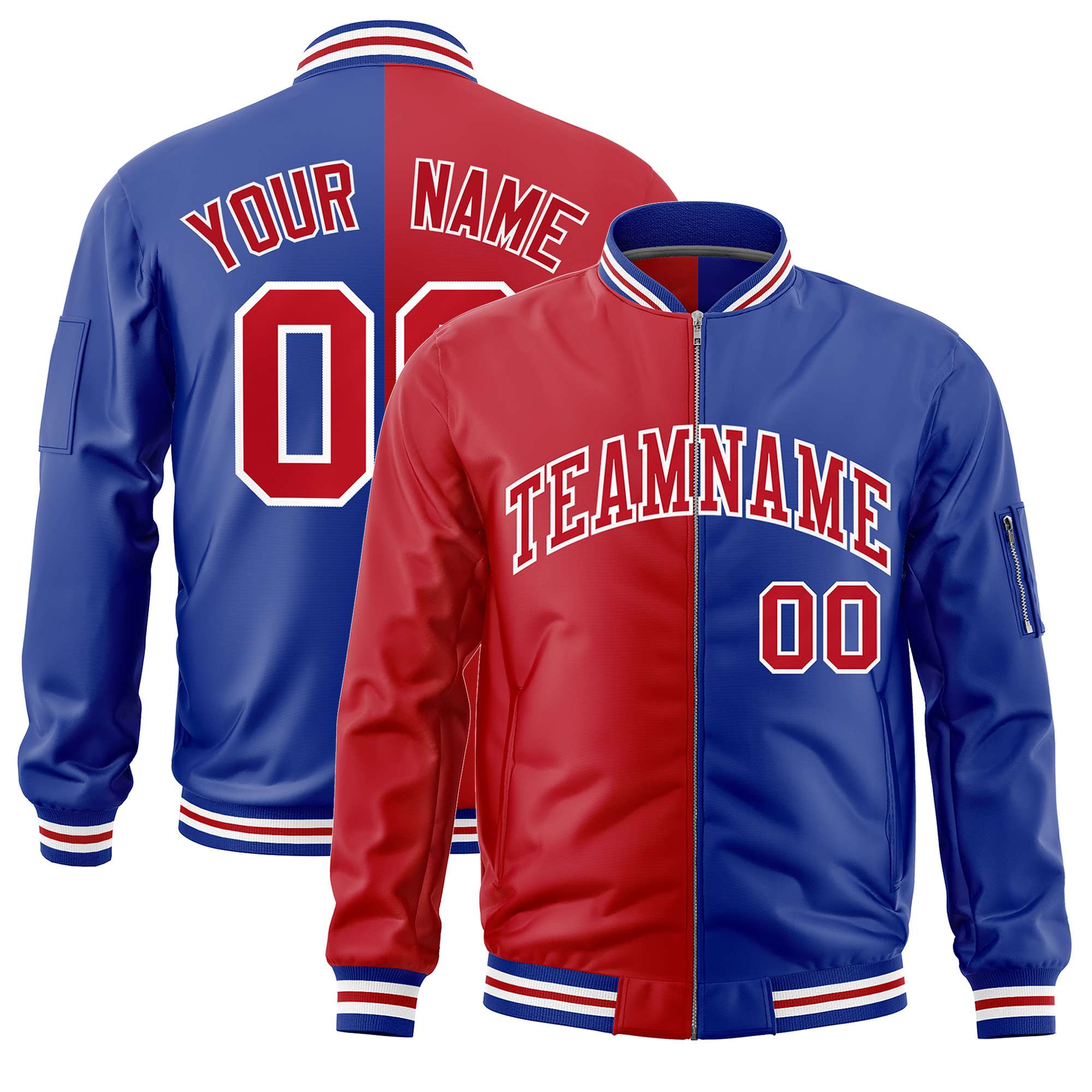 Custom Red Royal Split Varsity Full-Zip Two Tone Letterman Bomber Jacket