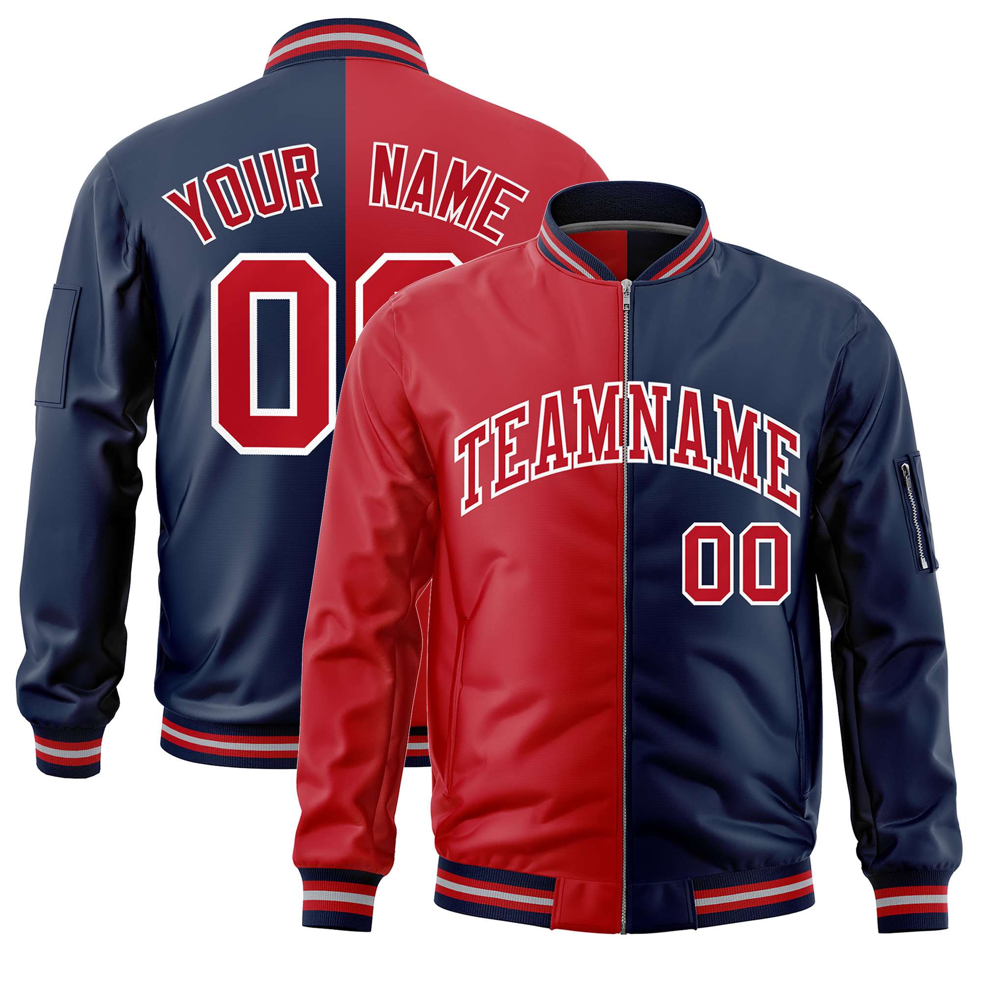 Custom Red Navy Split Varsity Full-Zip Two Tone Letterman Bomber Jacket